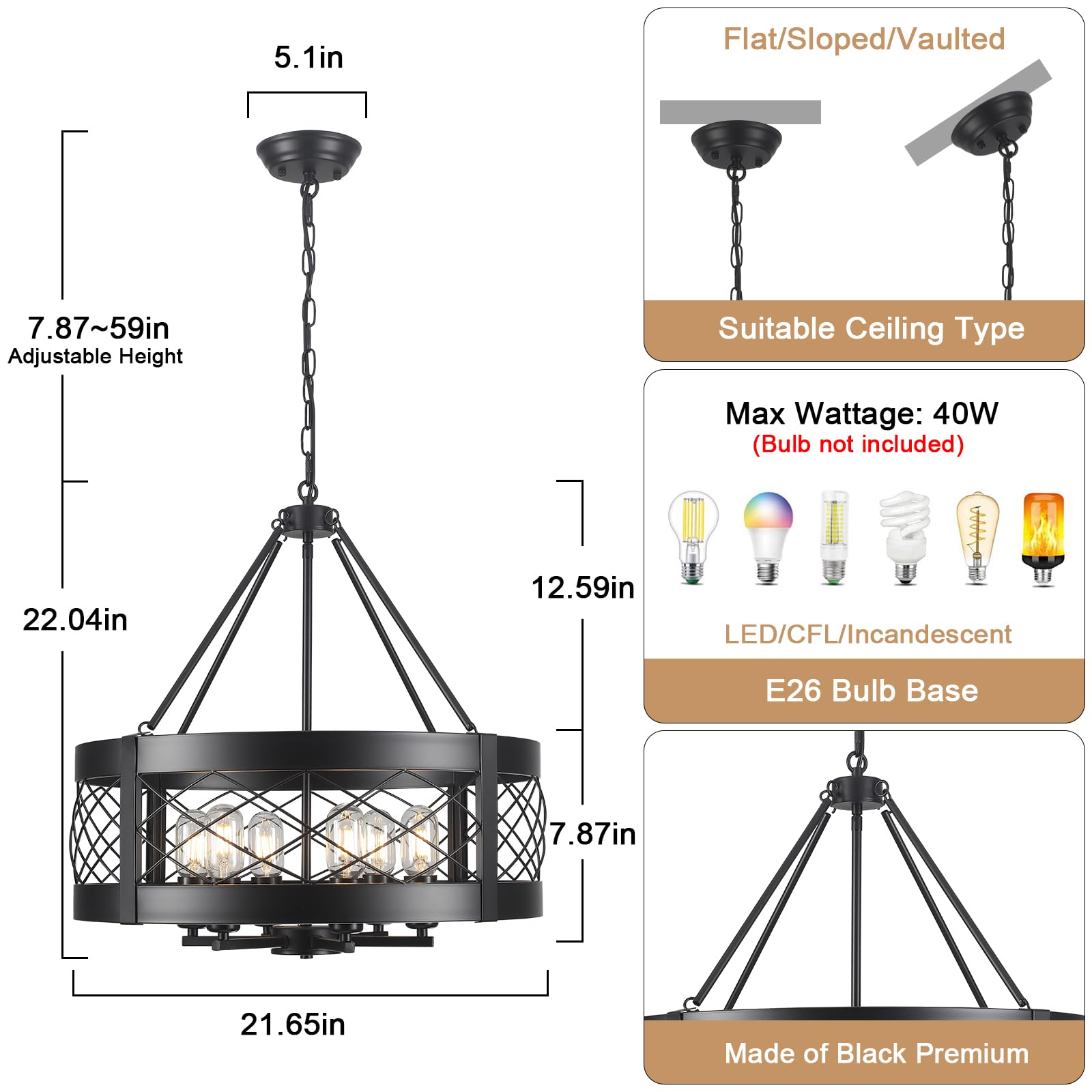 Kostomo Black Chandelier 6-Light Adjustable Farmhouse Chandelier Dining Room Light Fixture Kitchen Island Lighting Drum Rustic H