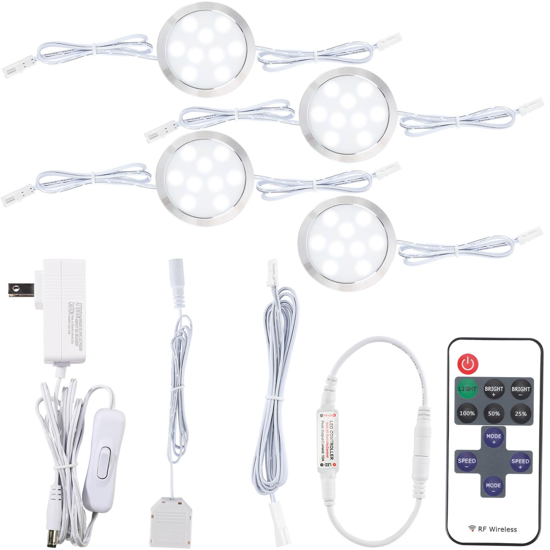 Meigour LED Closet Lights Kit, Linkable Wired Puck Light, 4 Lights, 6000K Cool White, Dimmable, Model LK-2-CW4