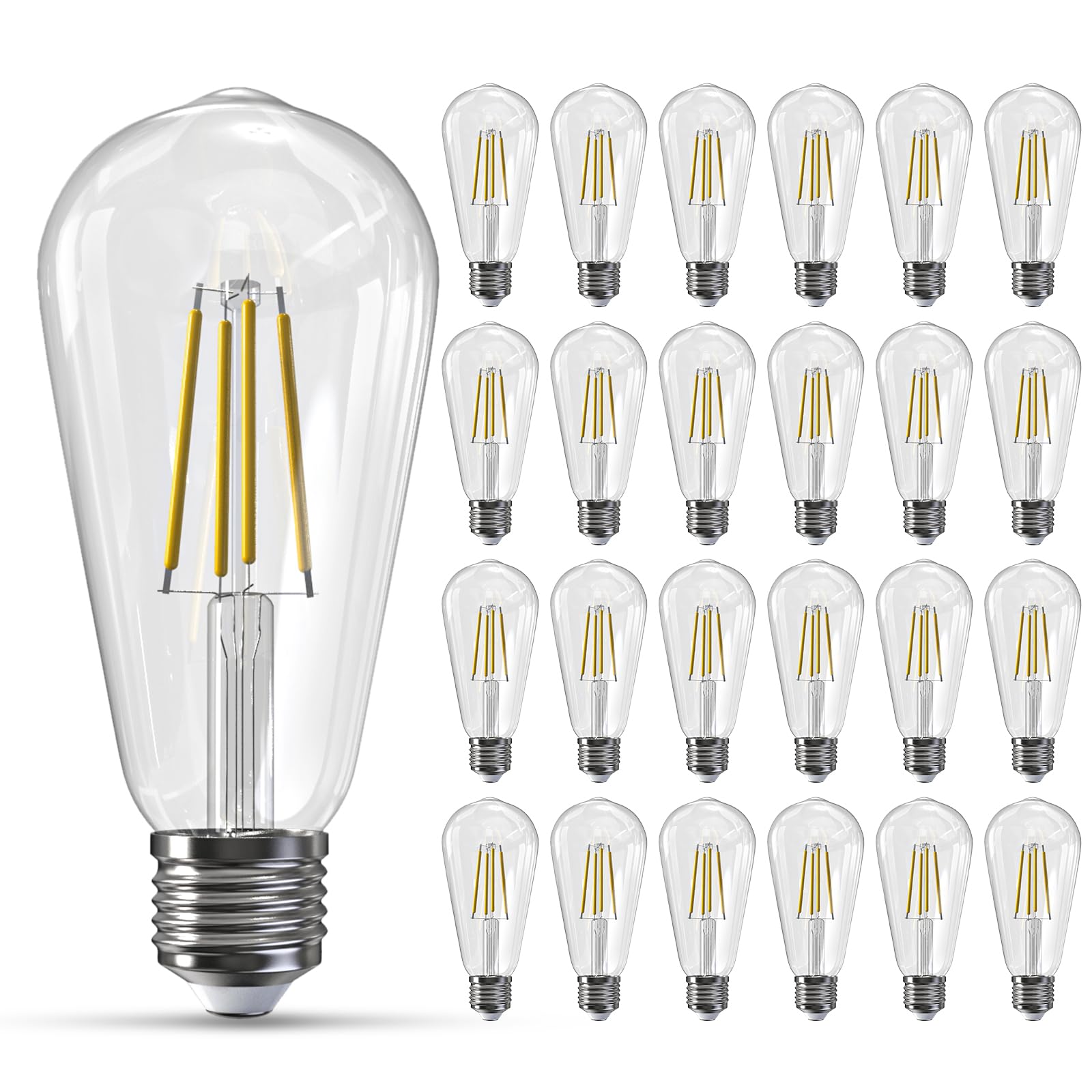 Jensense Edison LED Light Bulbs E26 LED Bulb 60 watt Equivalent Dimmable Light Bulbs 4000K Natural White Vintage 7W LED Edison Bulbs 110V 120V 800 Lumen CRI90  24 Pack