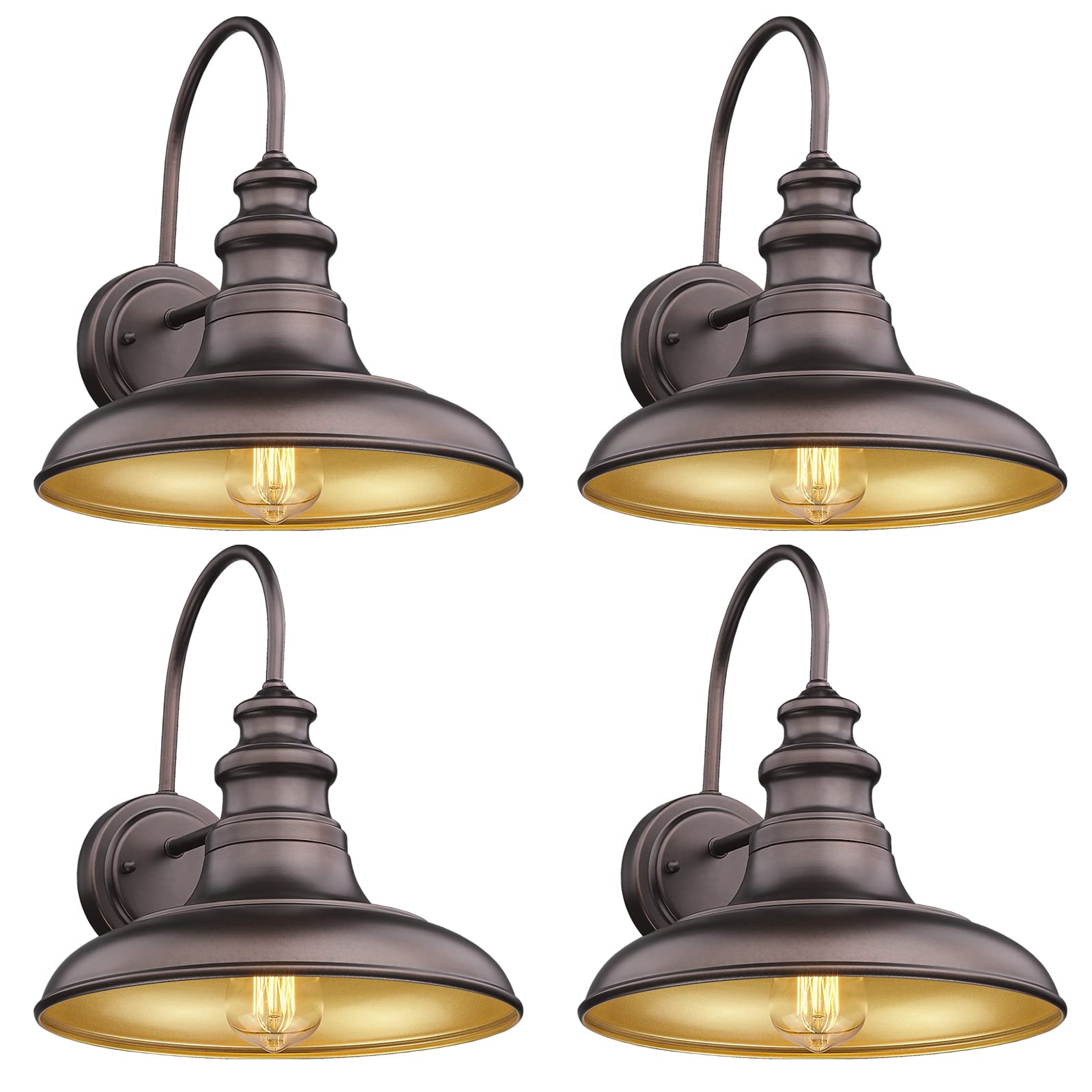 Diyel Outdoor Barn Light Fixture Gooseneck Wall Sconce 4-Pack, Oil-Rubbed Bronze, Metal, 13-RZ004-4PACK, Gold Interior