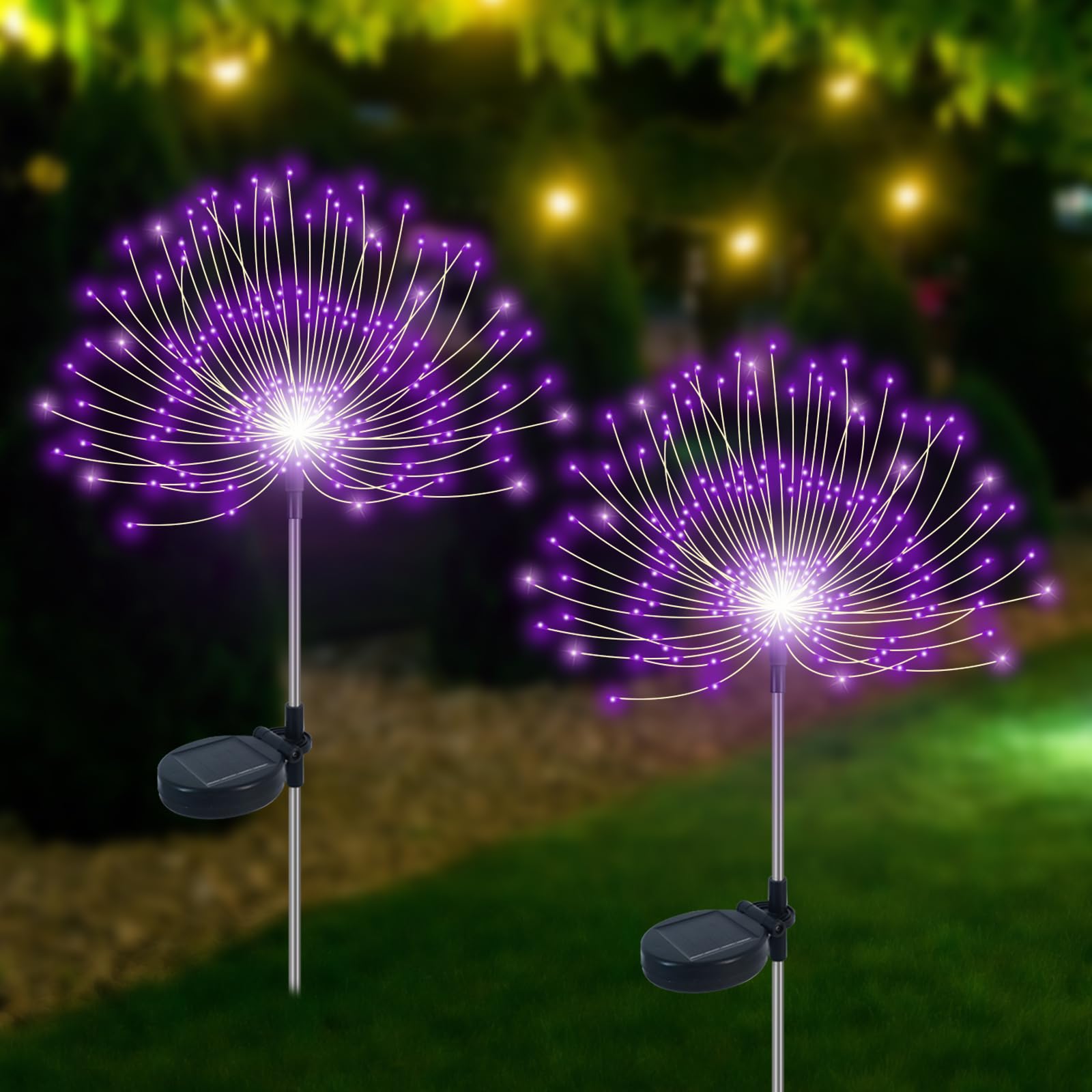 Slyuexu Solar Garden Lights - 120 LED Waterproof Firework Lights, 2 Pack, Purple, Model YF00016