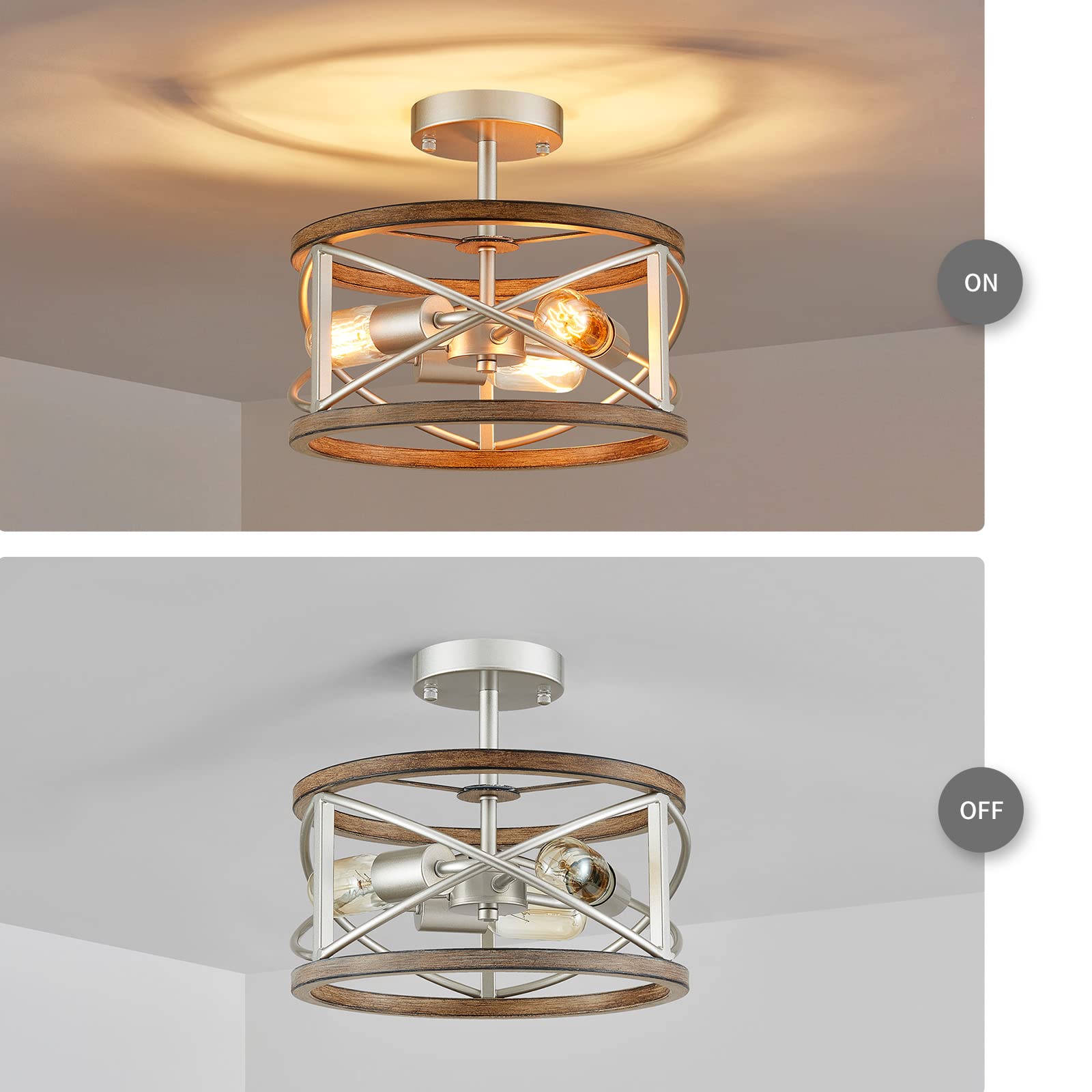 WUZUPS 3-Light Vintage Farmhouse Chandelier, Imitation Wood Grain, Nickel Finish, Semi-Flush Mount, H 9.4" W 12", Model USHD90025