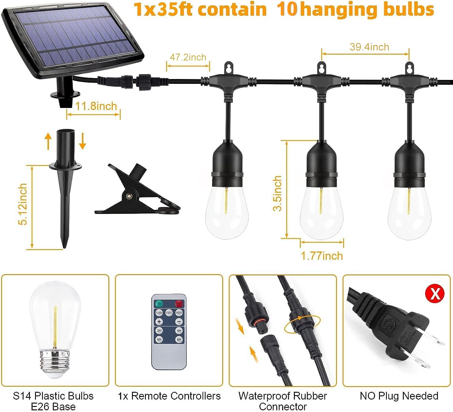 IPStank 27FT Solar String Lights, Dimmable Waterproof LED Edison Bulbs, Multicolor, Model YGM-S14-15S, Ideal for Outdoor Use