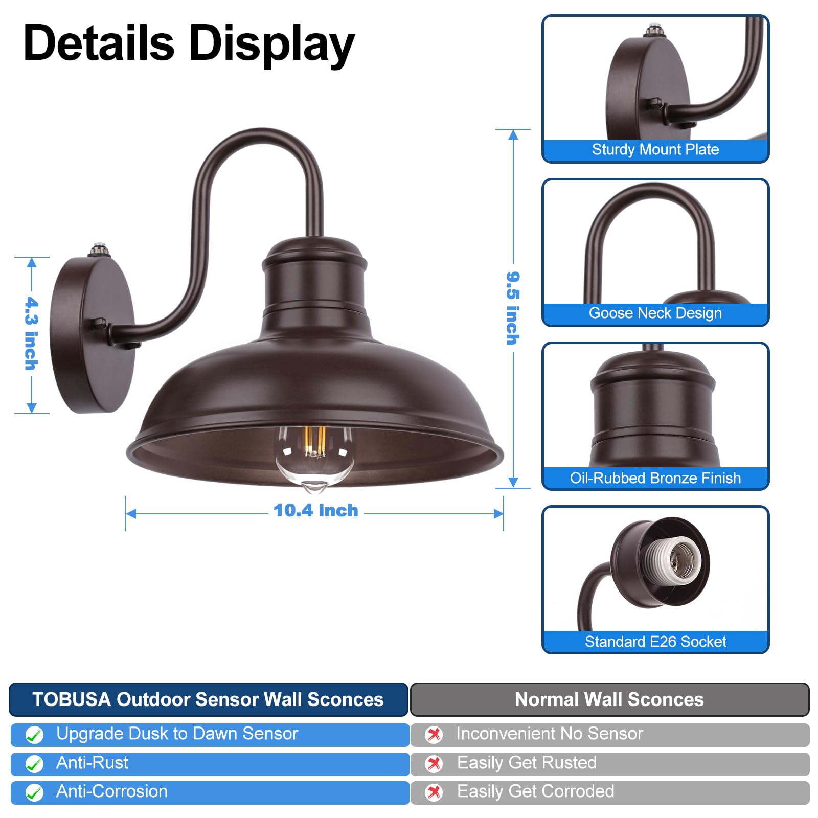 2-Pack Dusk To Dawn Outdoor Wall Sconces, Farmhouse Outside Lighting Gooseneck Barn Lights, Oil Rubbed Bronze Exterior Wall Ligh