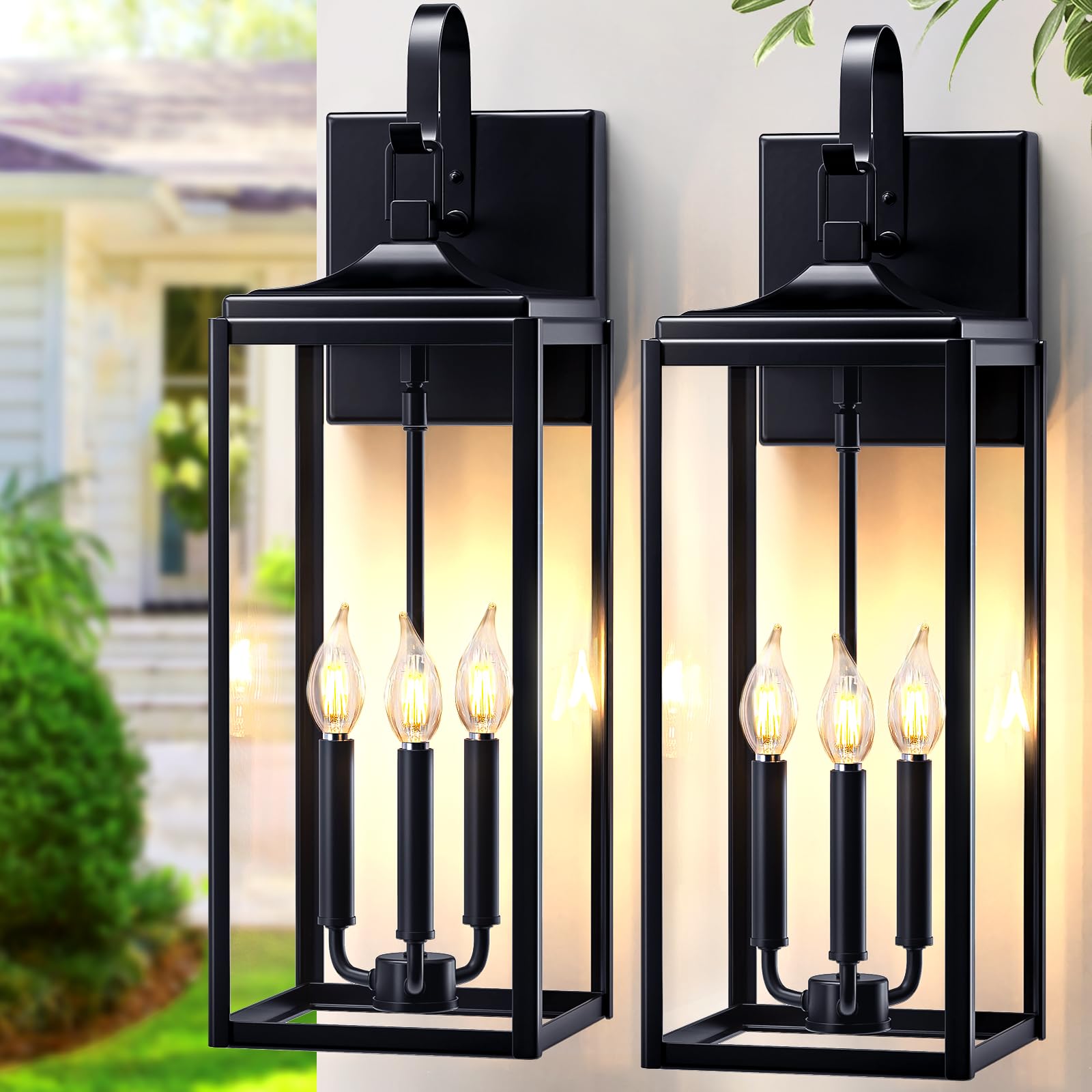 24 Extra Large Outdoor Wall Light 2 Packs  Black Exterior Lighting Fixtures Outdoor Porch Lantern Wall Mounted  Waterproof Modern Outside Wall Sconce  E12 3-Light Coach Lamp For House Patio Garage