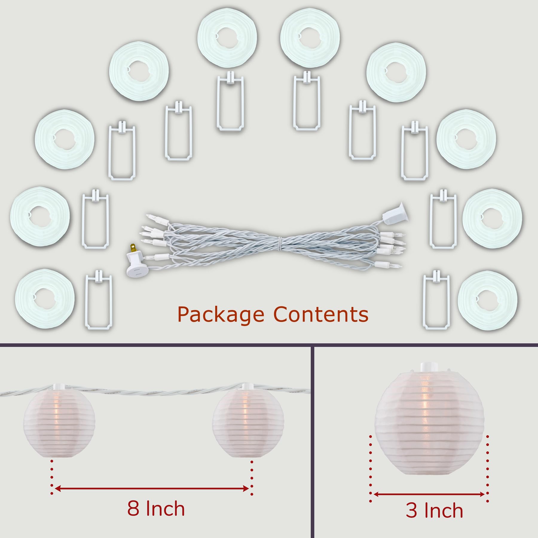 Sweet Shine White Lantern String Lights, 10 Waterproof Nylon Lanterns With 8.7' Ul Listed Plug-In Connectable String Lights (Whi