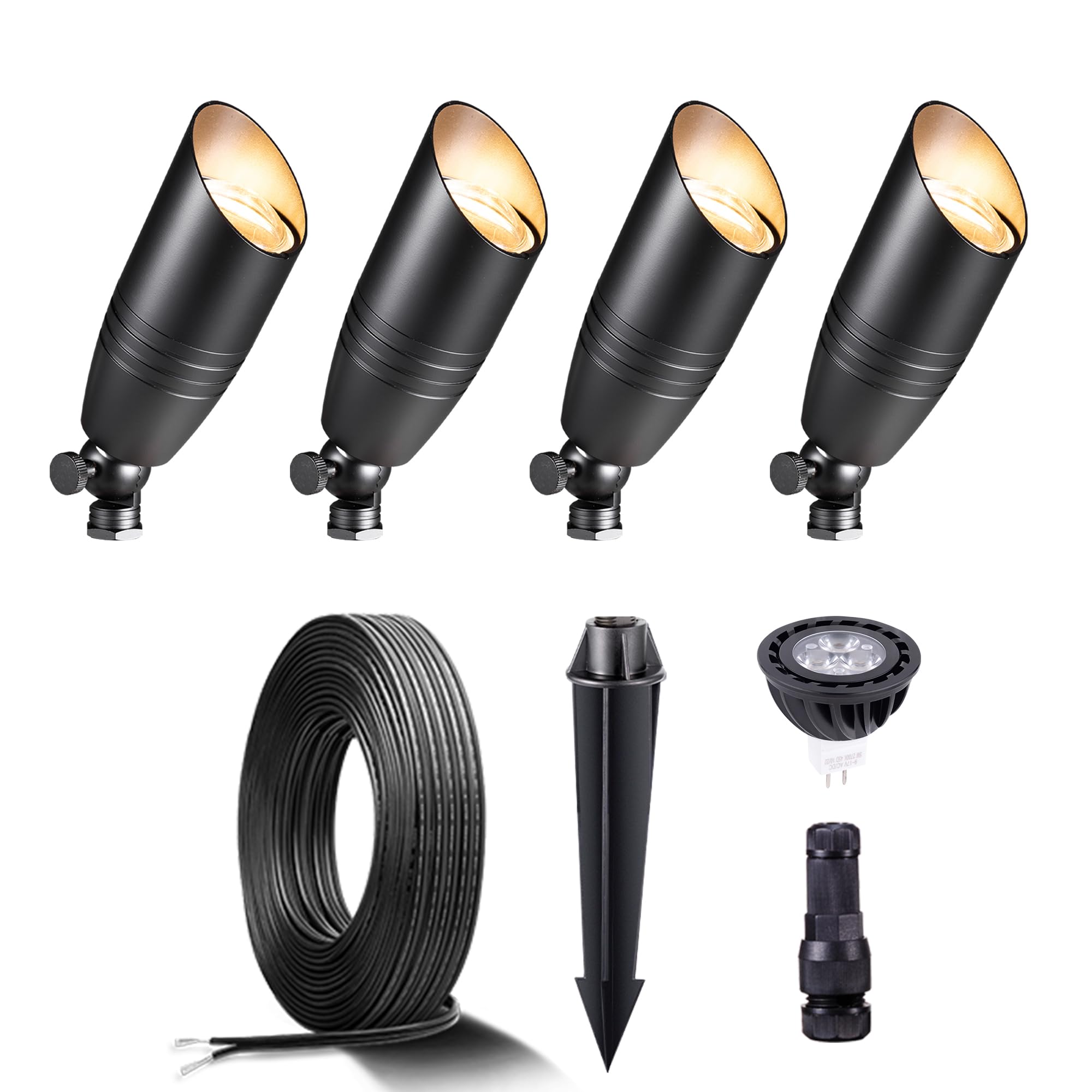 Gardenreet Black Brass Landscape Lighting Kit (4-Pack Led Spotlights) With 100 Feet Cable And 20Pack Wire Connectors For Outdoor House Garden Patio Without Low Voltage Transformer
