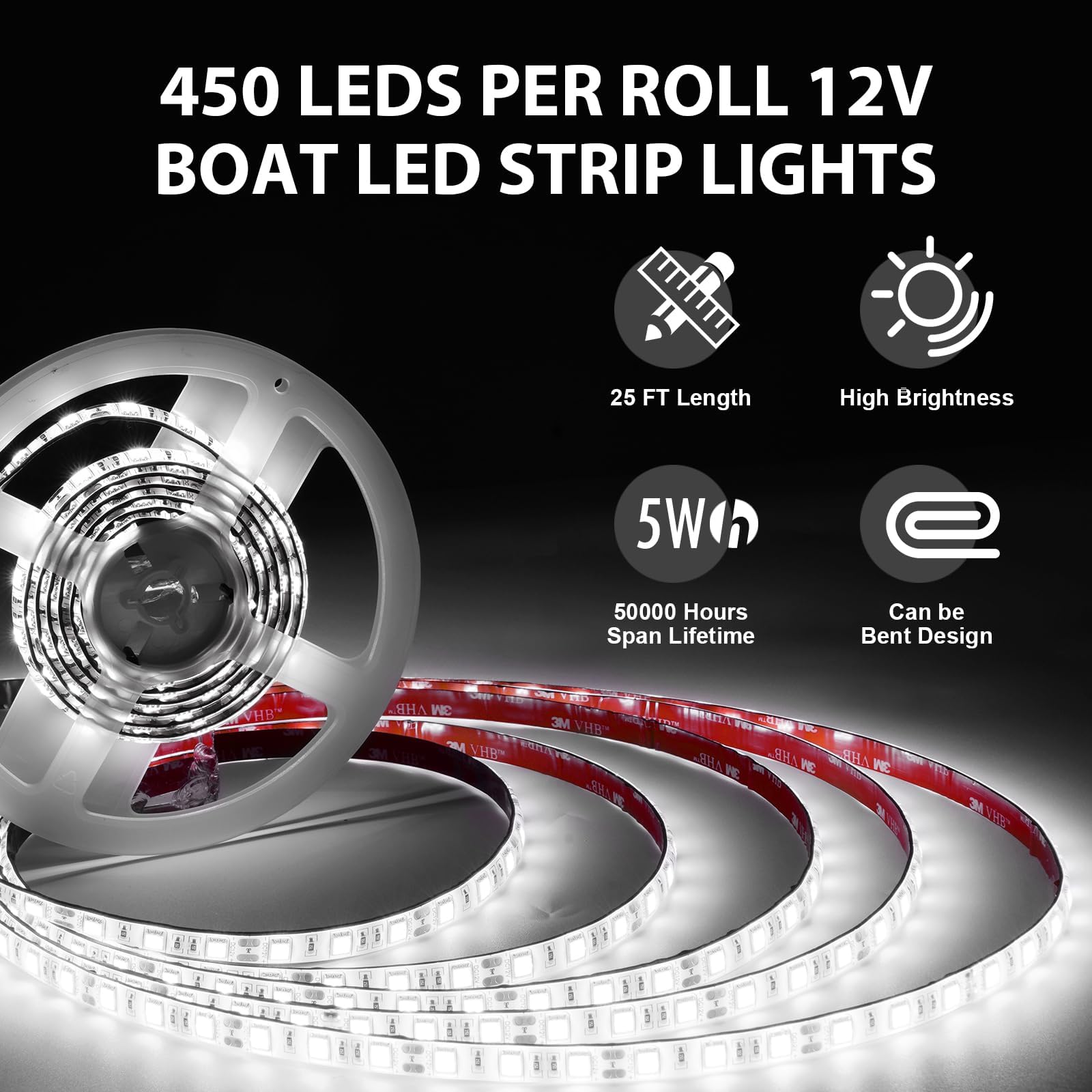 JUIOHAKY Marine LED Strip Lights 12V Waterproof for Boats, 50ft White, Model SPBNL001
