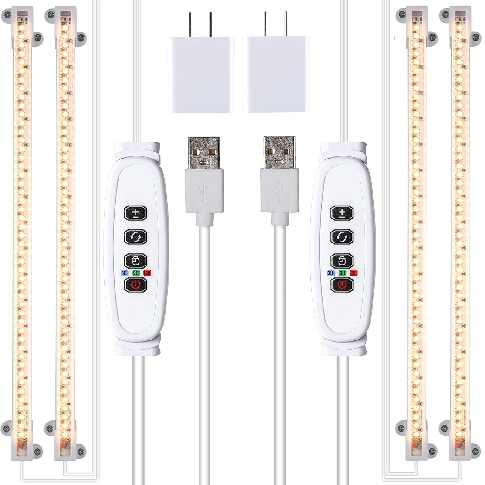 Two Strip Growing Lamp 2-Pack For Indoor Plants, 3000K Full Spectrum Led Grow Light Strips With Auto On/Off 3/9/12H Timer & 10 Dimmable Levels For Green House Succulent (2 Head×2Pcs)