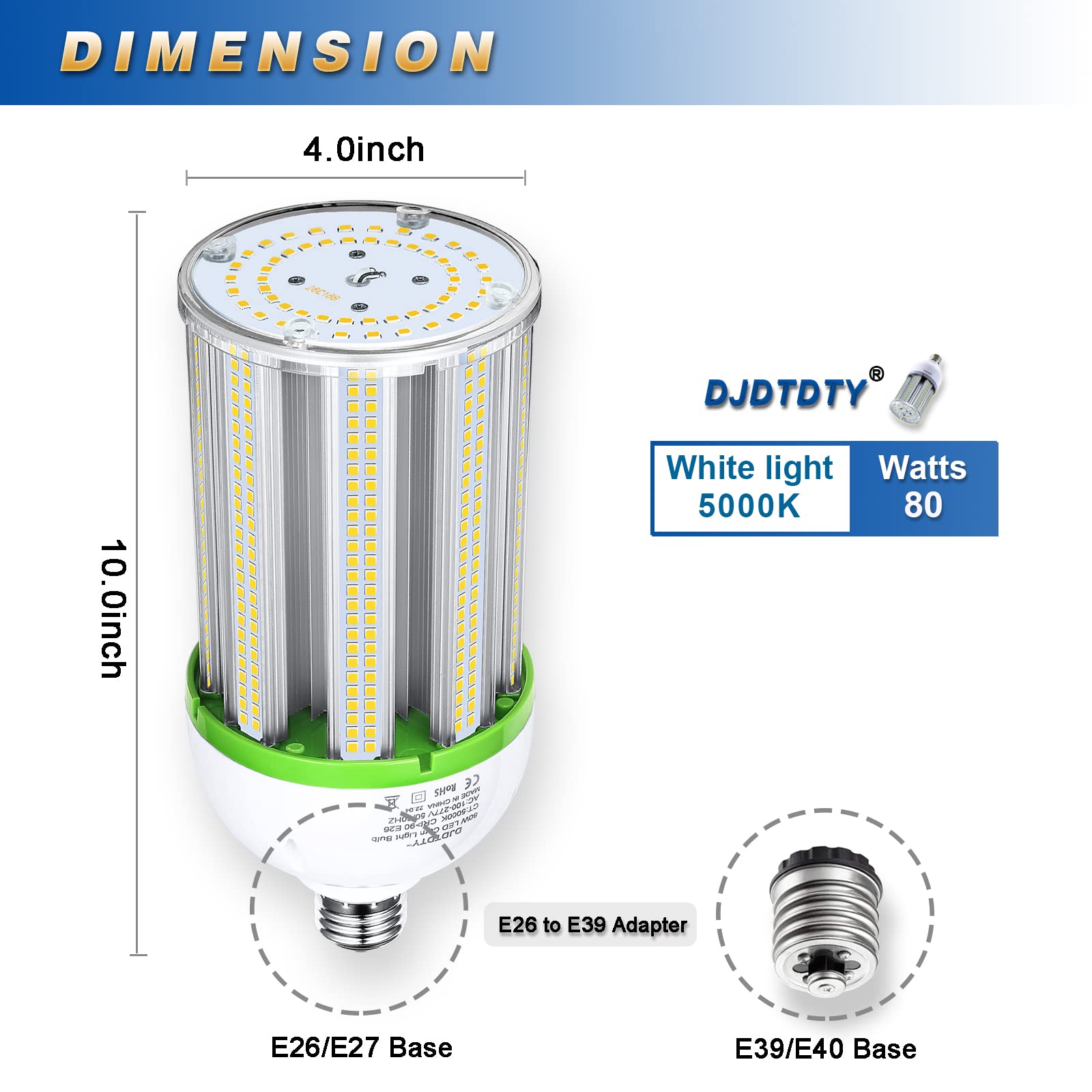 Djdtdty 80Wled Corn Bulb, E26 Base With E39 Adapter, 5000K 10400Lm Led Light Bulb For Garage Warehouse Workshop Barn (80Watts)