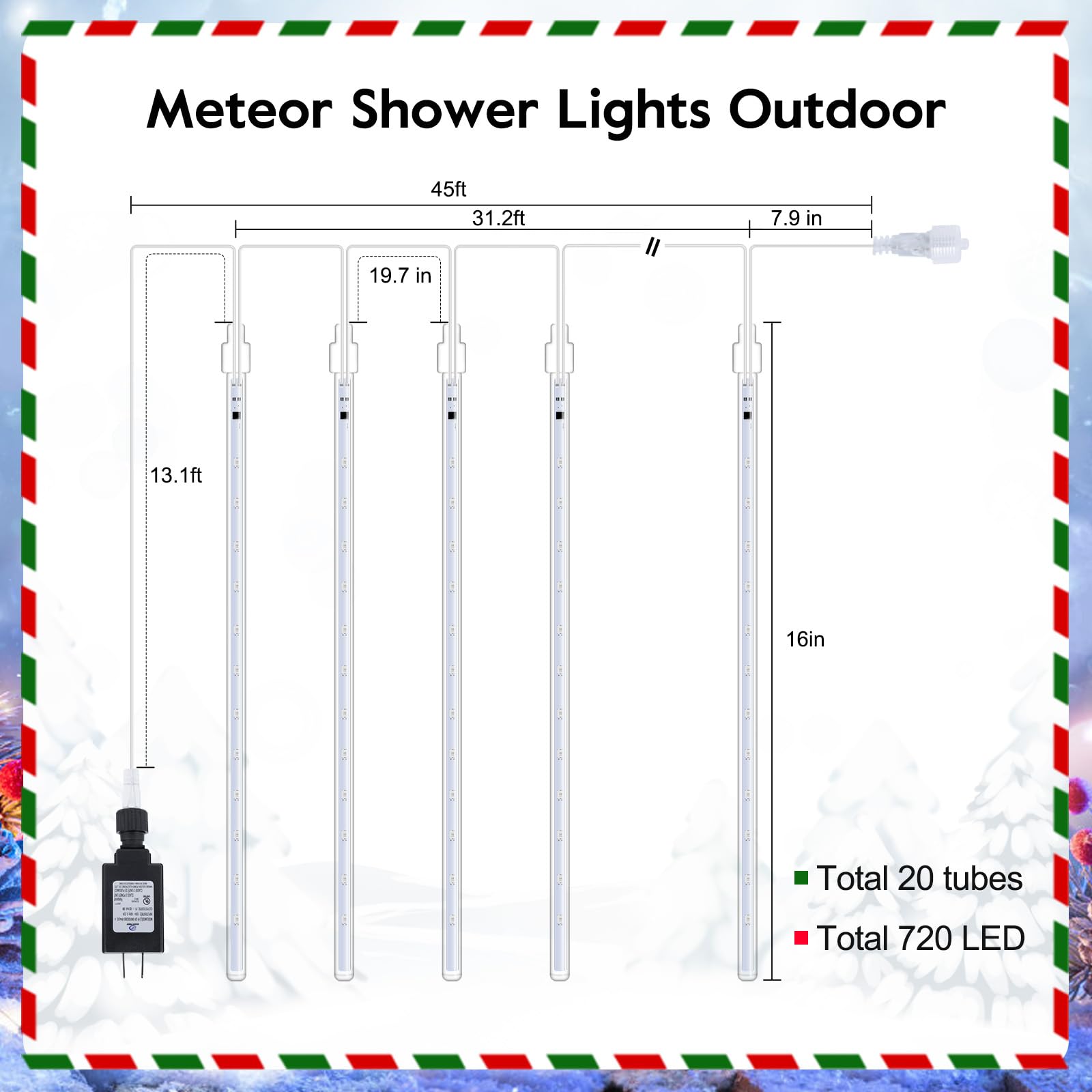 Minetom Meteor Shower Lights, 720 LED, Waterproof Icicle Lights, 16 Inch, Warm White