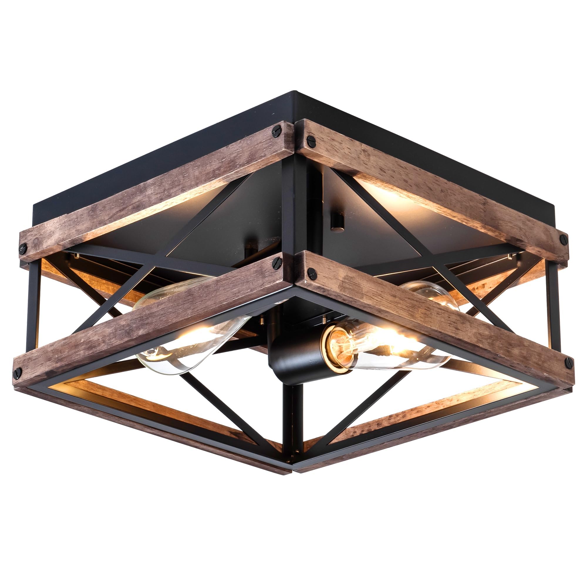 Mayna 2-Light Industrial Ceiling Light Fixtures, Farmhouse Flush Mount Ceiling Light, Metal And Wood Square Dining Room Light Fixture For Hallway Bedroom Balcony Farmhouse,Black