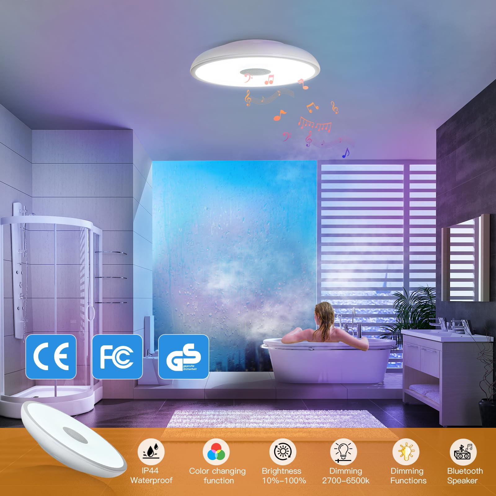 Asall Smart Waterproof Led Ceiling Light Fixture,With Bluetooth Speaker,11 Inch,18 Watt, 2700K-6500K Dimmable Music Lamp,Rgb Col