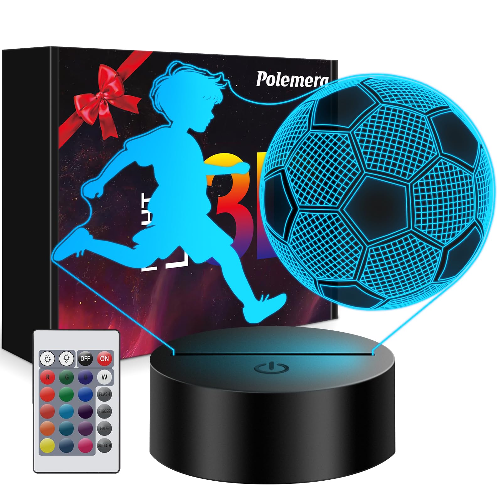 Polemera Soccer Gifts for Boys? Boys First Soccer Night Light ?, 3D Illusion Soccer Lamp for Teens Boys, 5 6 7 8 9 10 Year Old B