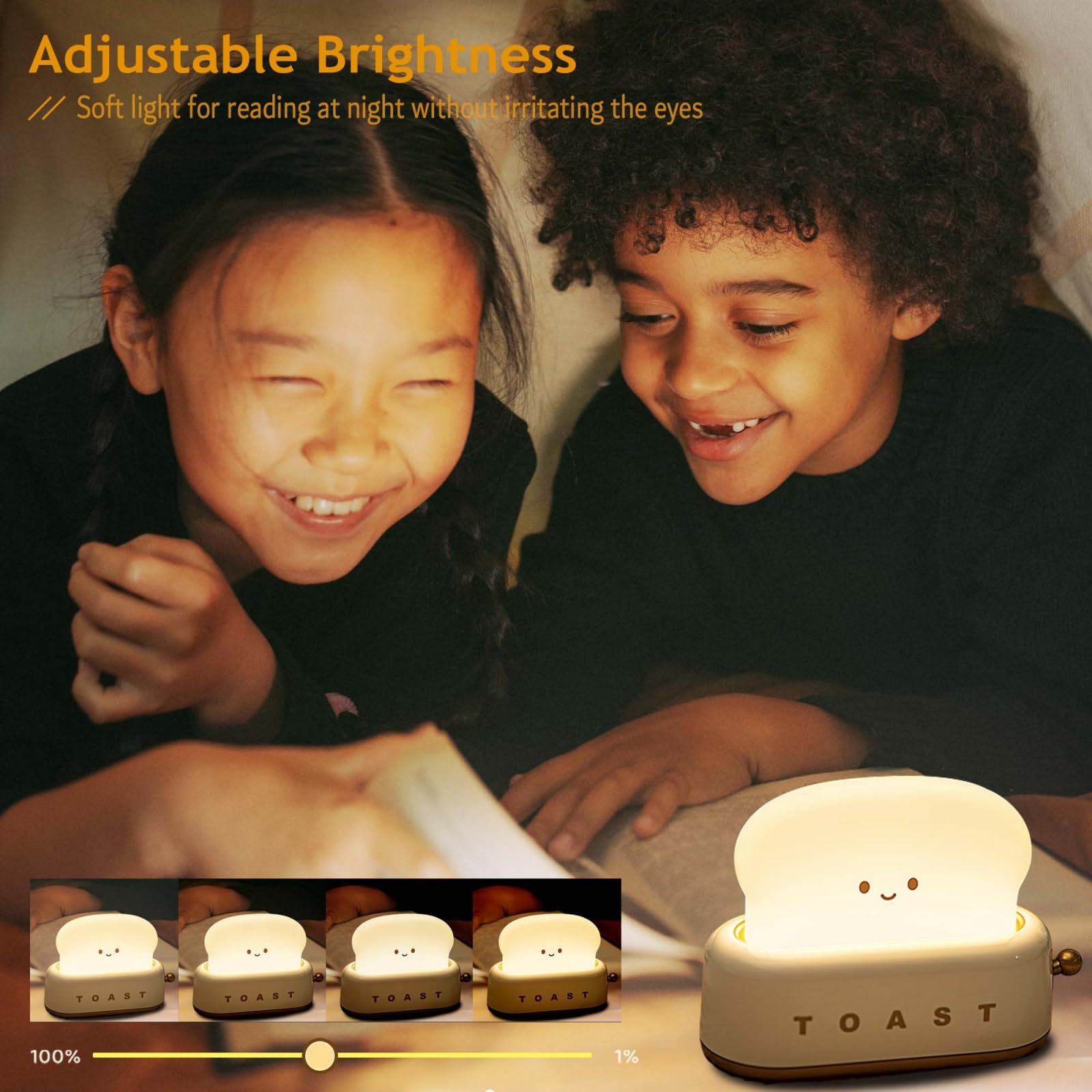 BANDIANCY Cute Kids Night Light, LED Dimmable Rechargeable Toast Design, Model BD-NL-16, Yellow Toast Color