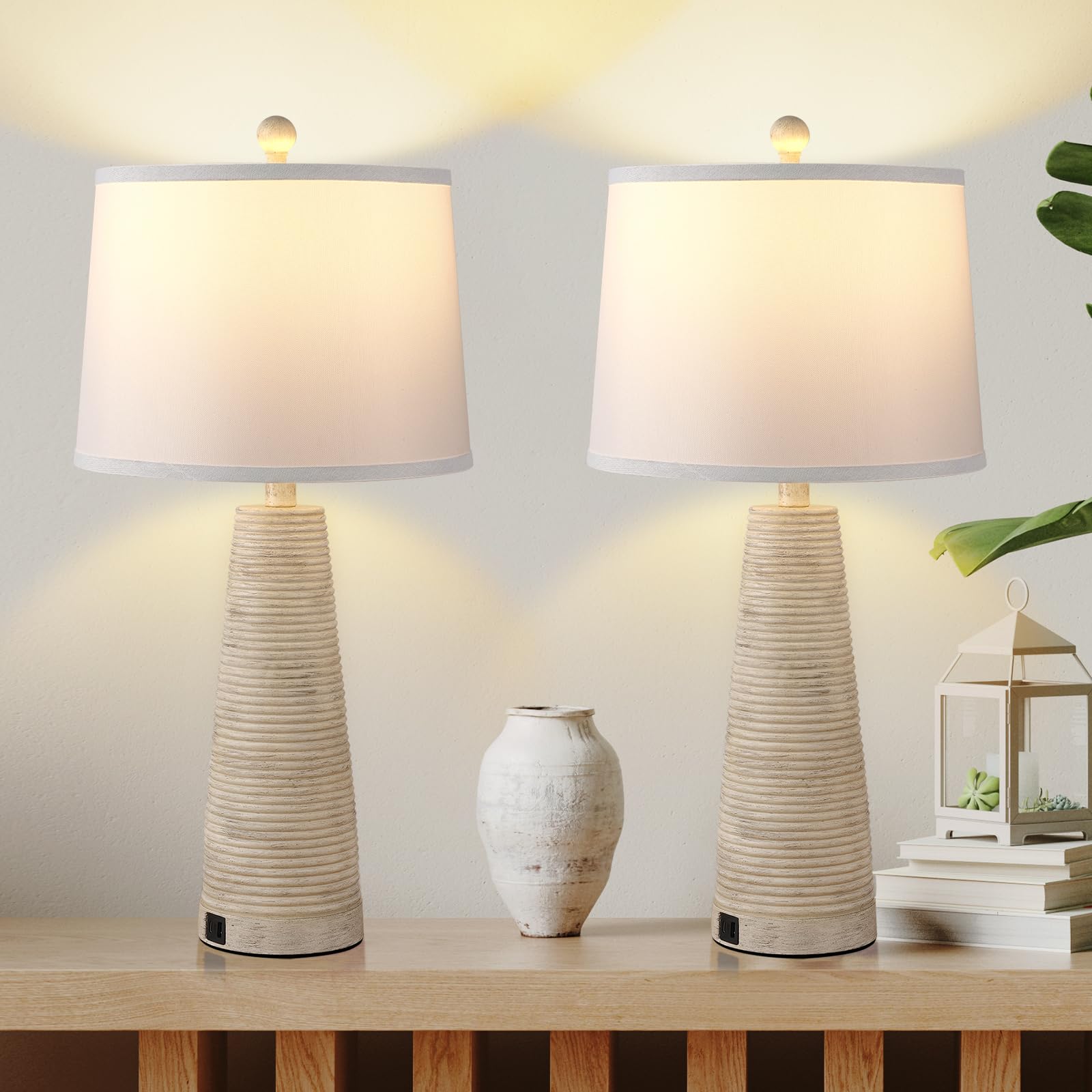 Bedside Lamps Set of 2 Nightstand Lamp Desk Lamps Vintage Rustic Farmhouse Table Lamp 3 Way Dimmable Horizontal Stripe Light,Sui