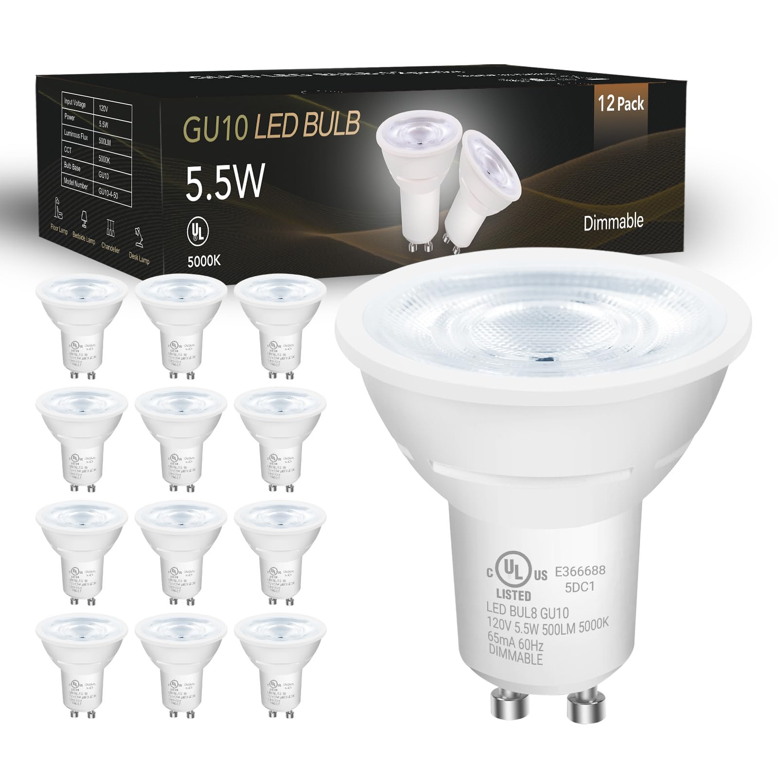 Daybetter Gu10 Led Light Bulbs  Dimmable Gu10 Bulb Replacement For Track Lighting  5.5W Equivalent 50W  500 Lm Daylight White 5000K  Mr16 Led Bulb For Kitchen  Range Hood  Living Room  12 Pack