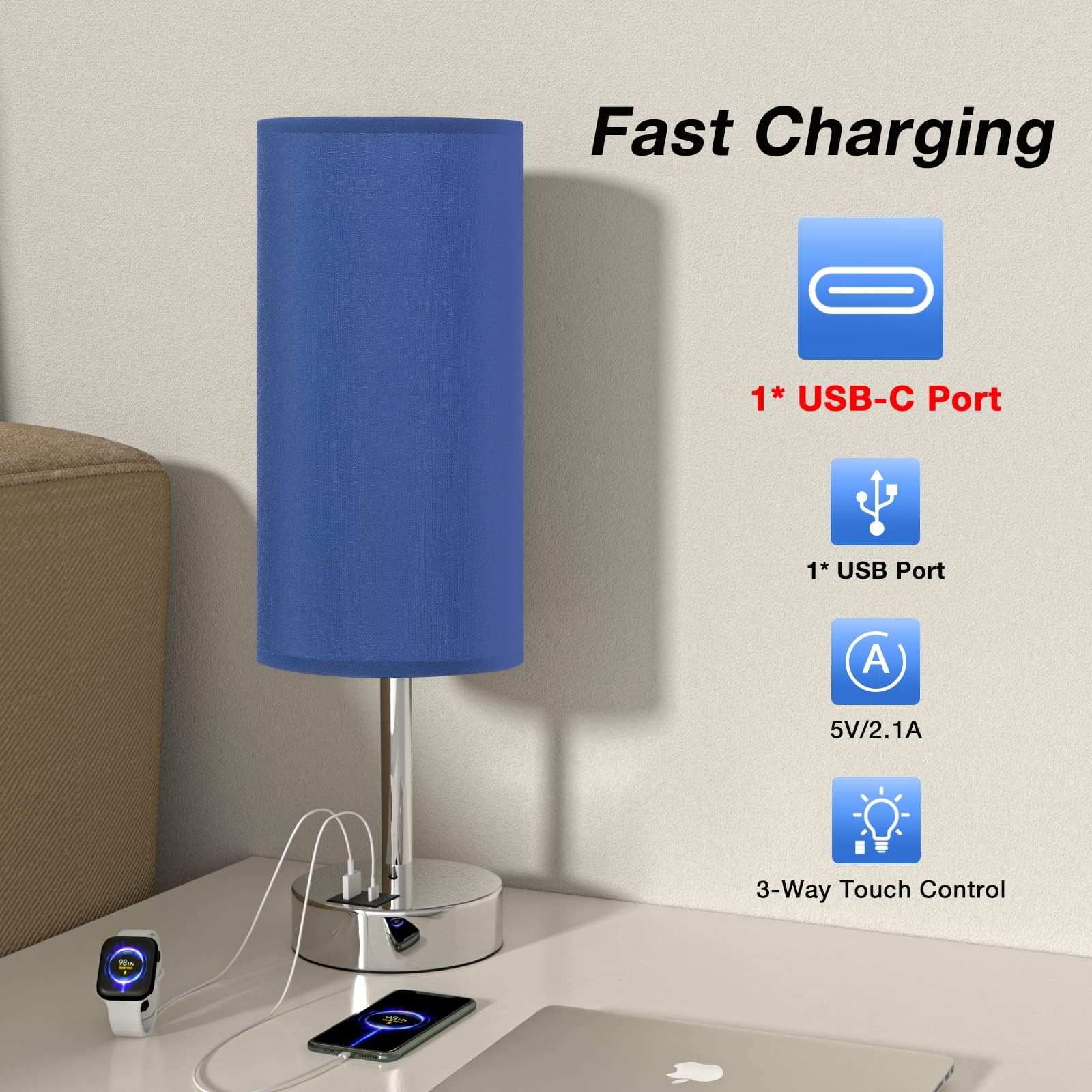 Navy Blue Touch Lamp For Boys - Small Nightstand Lamp With Usb-C And Usb Charging Ports, 3 Way Dimmable Bedside Table Lamp With