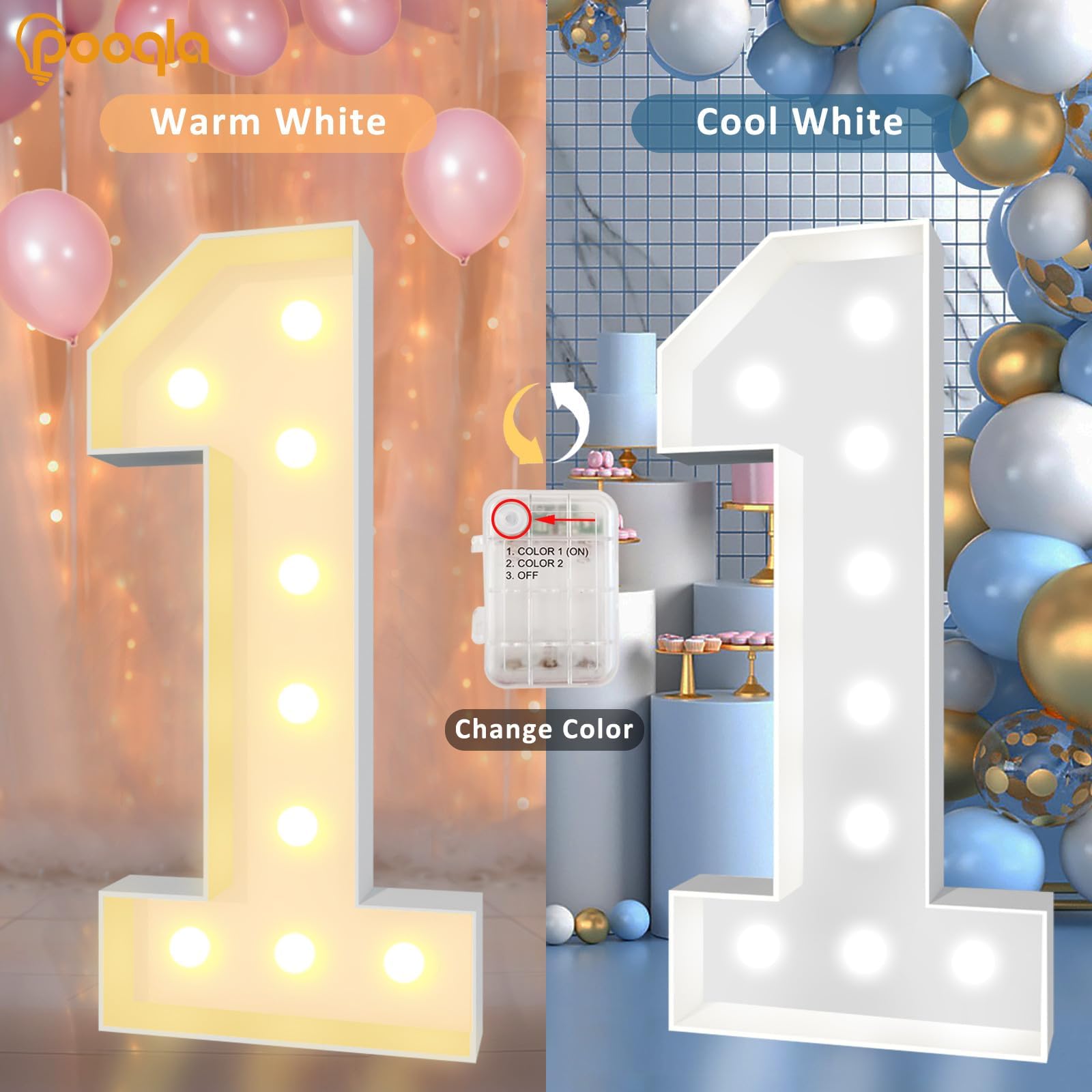 Pooqla Light Up Marquee Numbers, 4FT Cool White & Warm White LED, Number 1, Plastic Material, Model 3FT-FXDJ