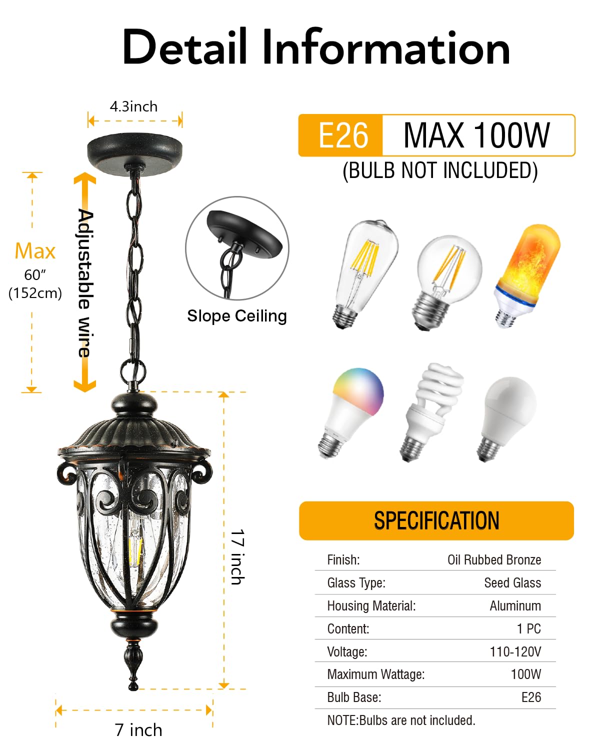 VIANIS Outdoor Pendant Light Lantern, Vintage Chandelier, Oil-Rubbed Bronze, Medium Size, Model V83231B2
