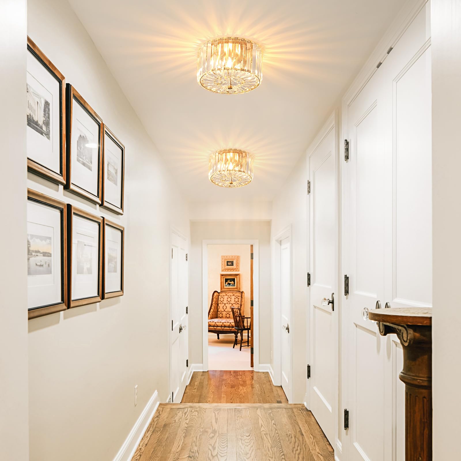 Pasentel 8.89 Small Crystal Ceiling Light  Modern Semi Flush Mount Ceiling Lighting Fixture  Gold Crystal Mini Chandelier For Hallway  Kitchen Entryway Laundry Room  2-Light  Xdd007-1-G