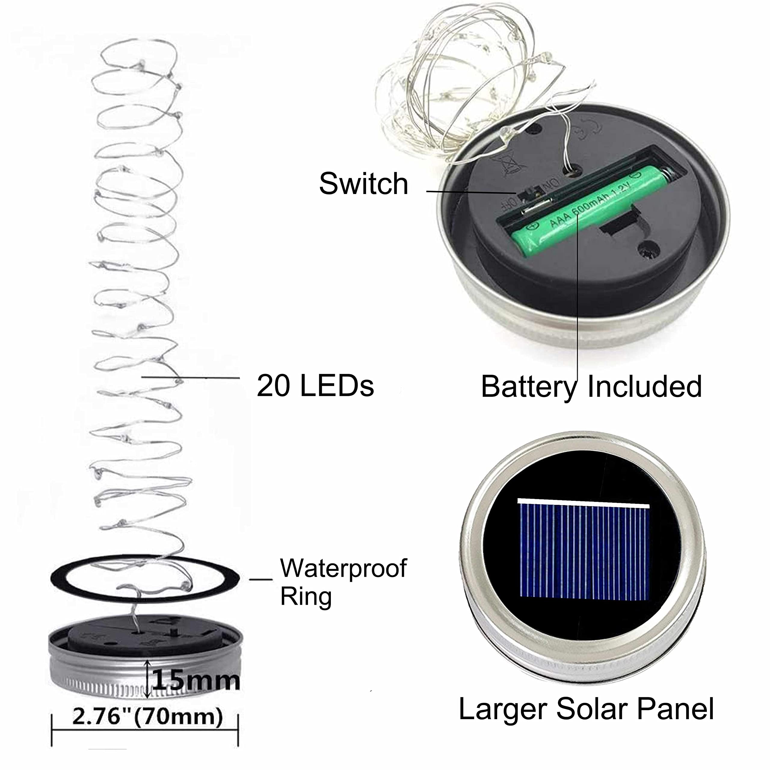 Decorman Solar Mason Jar Lid Lights, 6 Pack, 20 LED, Waterproof, 4 Color, Fairy String Lights for Garden, Patio, Party, Wedding, Christmas