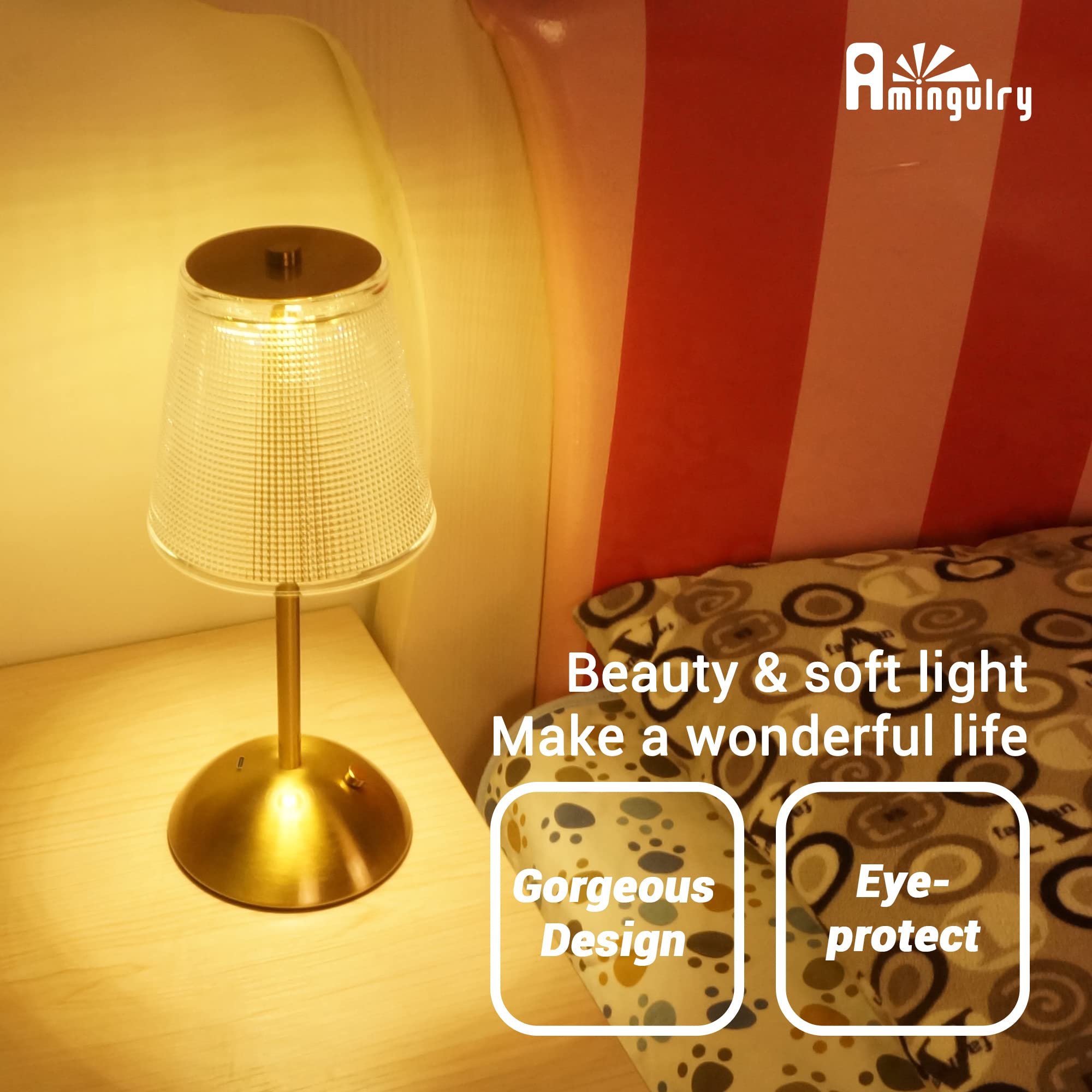 Amingulry Cordless Table Lamp, Rechargeable LED Touch Lamp, 3 Color Modes, Stepless Dimming, Gold Retro, Small Size