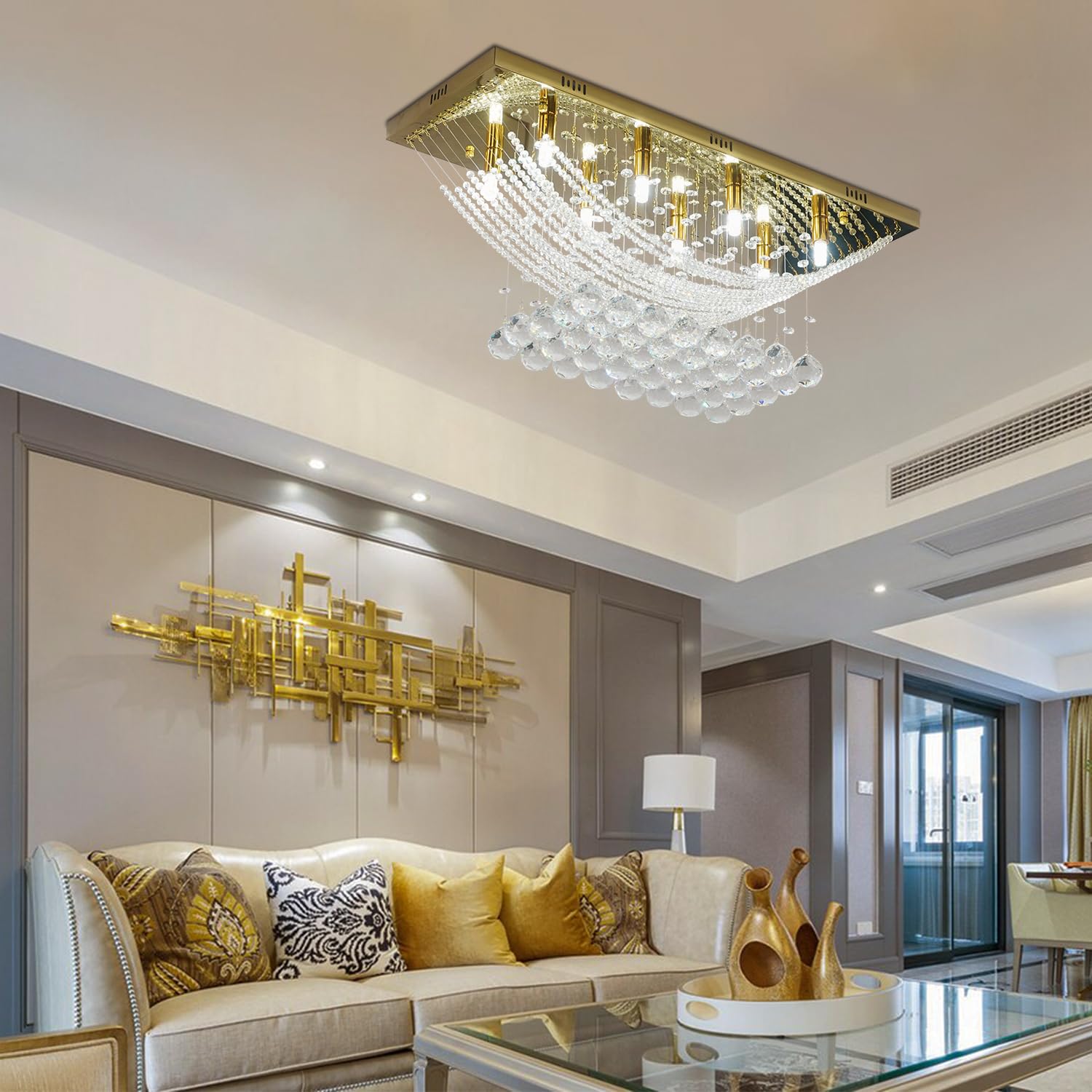 CRYSTOP Crystal Flush Mount Chandelier, 8 Lights, Gold, 27.6in x 10in x 11in, Ideal for Kitchen, Dining Room, Bedroom, Bathroom