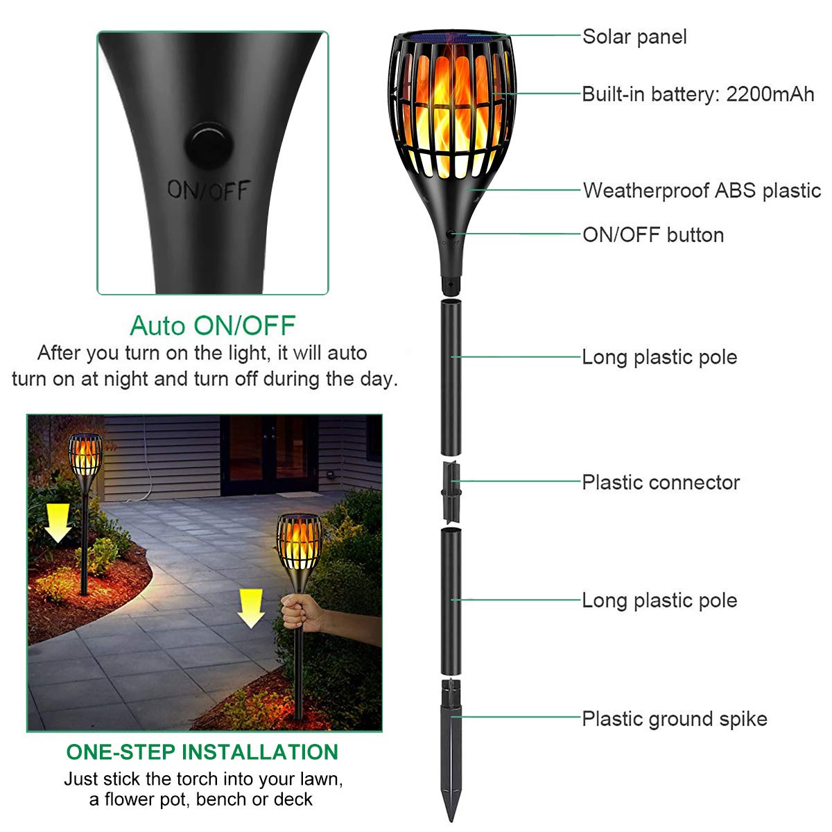 Ollivage Solar Torch With Flickering Flame, Outdoor Garden Waterproof Dancing Flames, Landscape Decoration Pathway Patio Lights