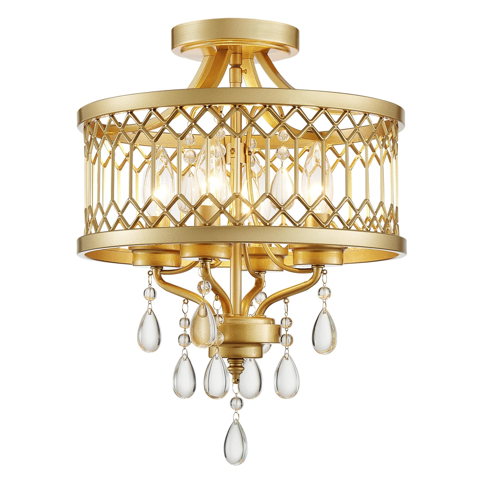 Crystal Ceiling Light Fixture  Farmhouse Semi Flush Mount Ceiling Light  Gold Crystal Chandeliers For Dining Room Light Fixture  Hallway Lighting Fixtures For Kitchen Bedroom Bathroom Foyer Entryway