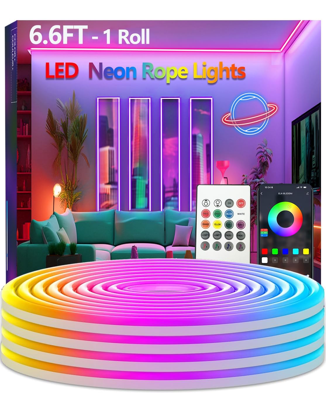 httpsmp Neon Rope Lights, 6.6FT Flexible LED Strip, RGB Colors, IP67 Waterproof, App/Remote Control, Music Sync