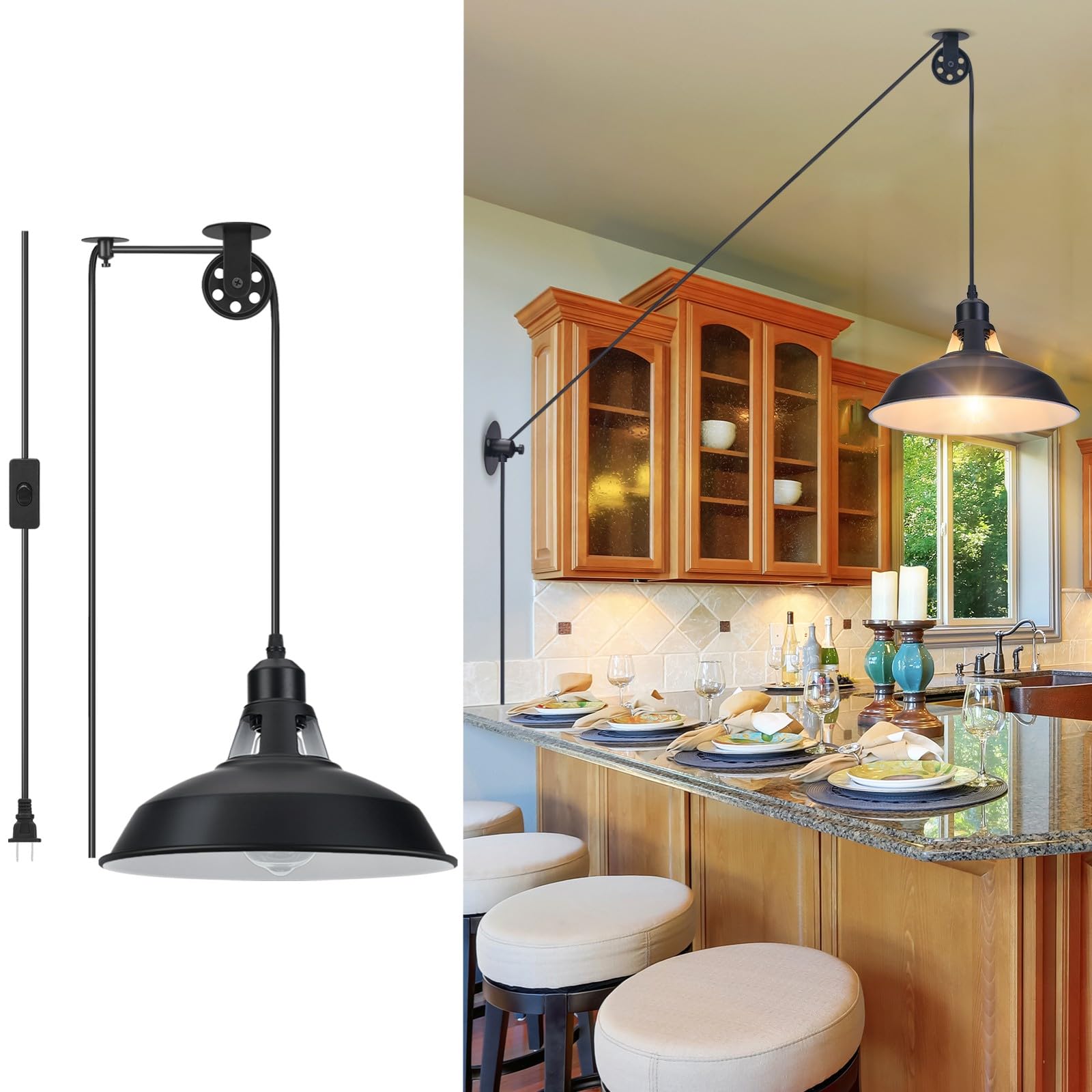 Lomoky Plug in Pulley Pendant Light with 14.76ft Cord On/Off Switch, Industrial Barn Black Hanging Lights with Plug in Cord, Pul
