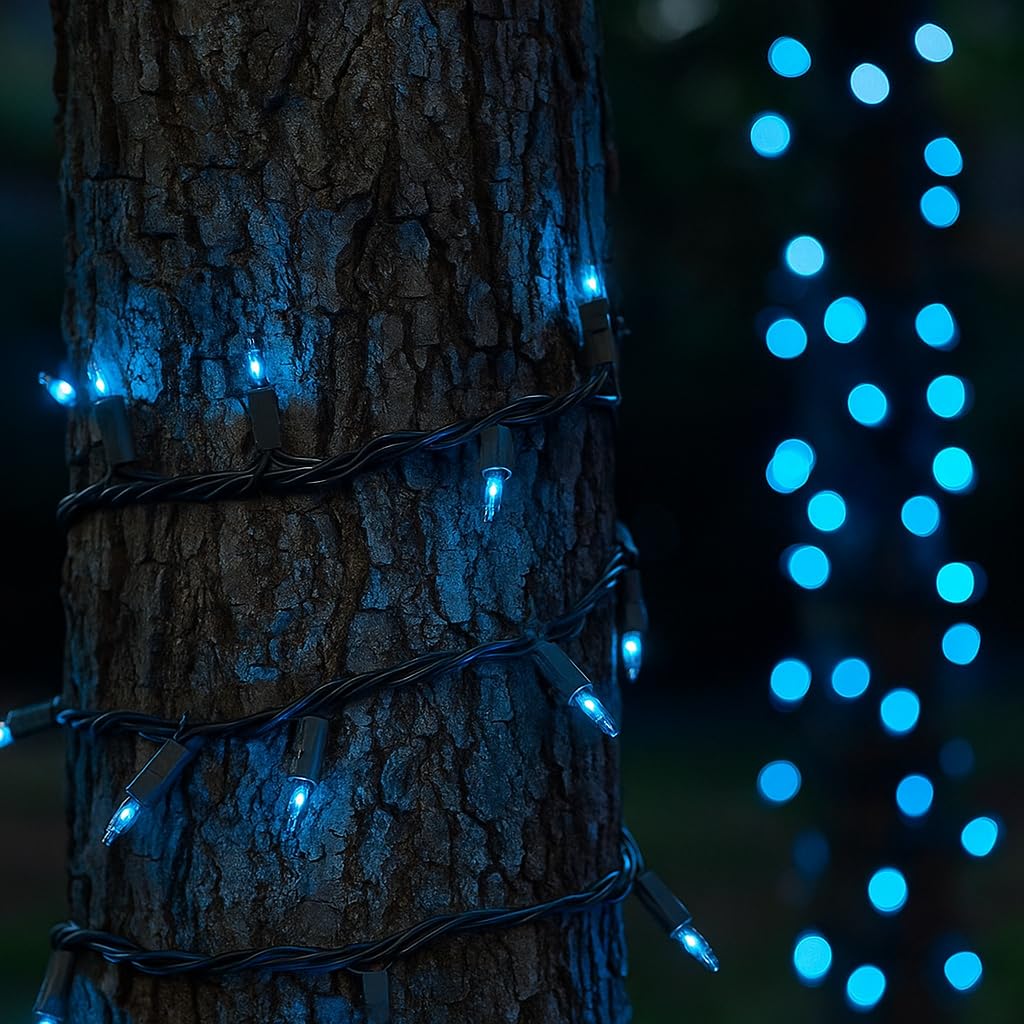 Novelty Lights 50 Feet 100 Bulbs Traditional Incandescent Mini Lights, Teal On Brown Wire With 6 Spacing, Commercial Grade And U