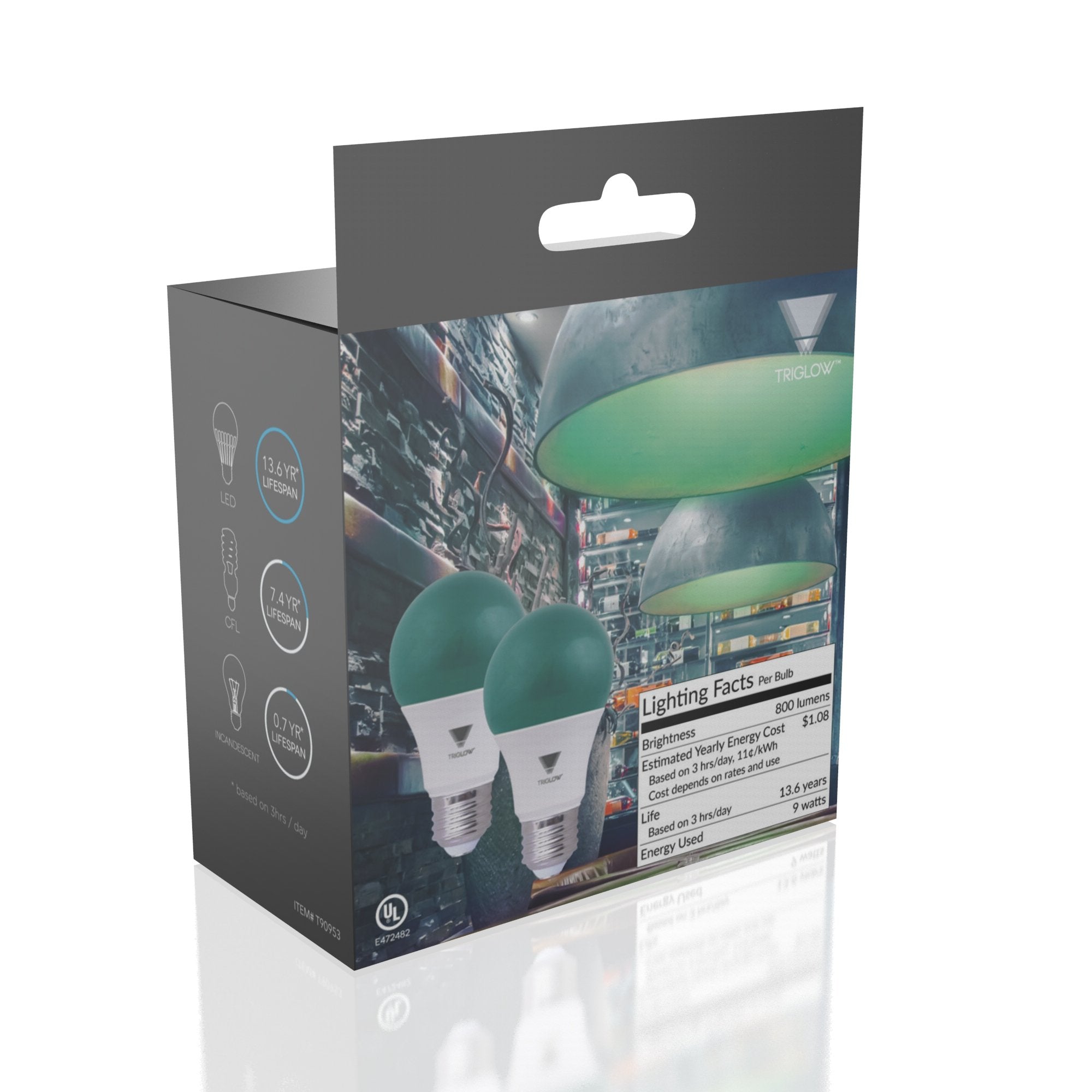 Triglow Green Led A19 Light Bulb, 9W (60W Equivalent) Green Light Bulbs 2-Pack