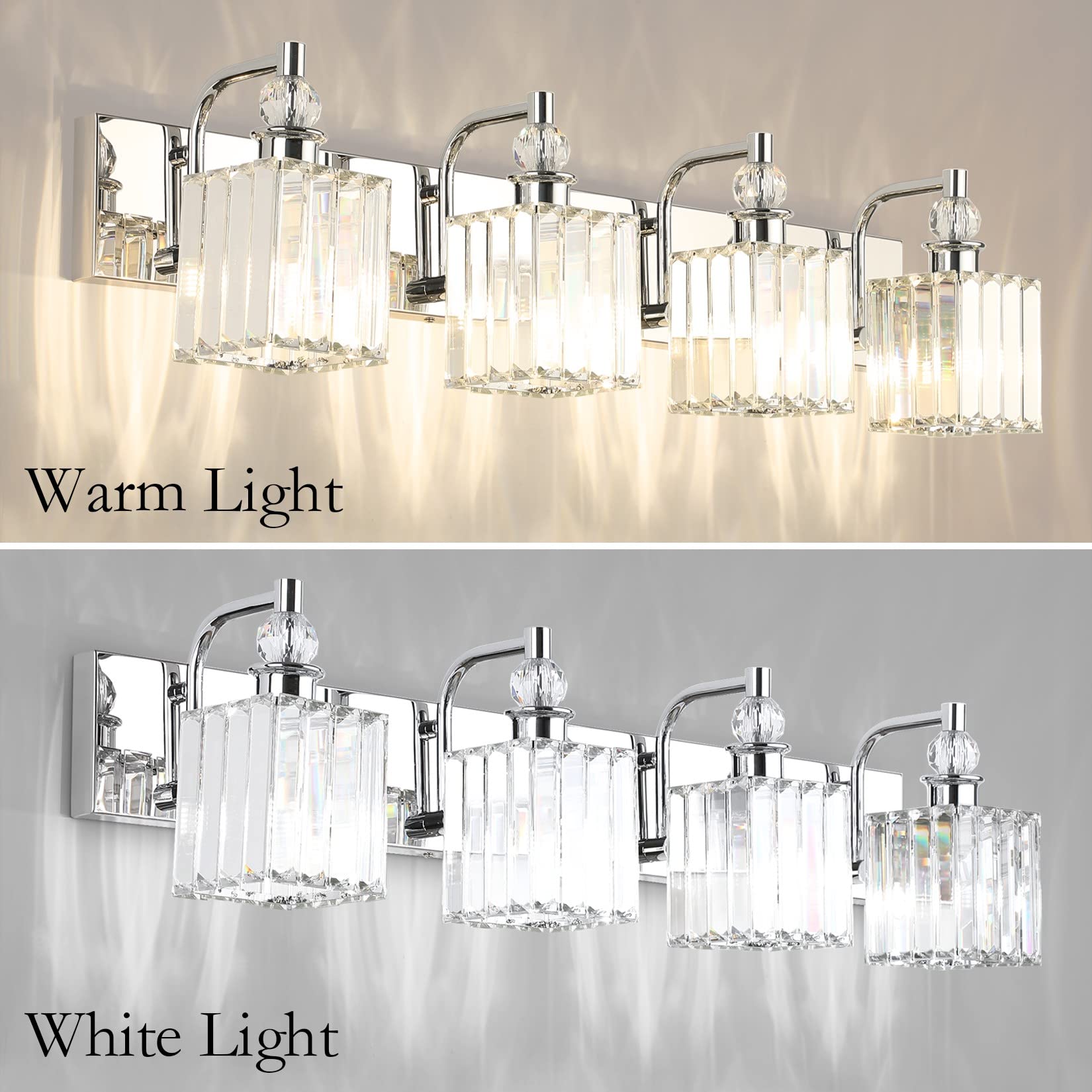 Ralbay Modern Crystal Vanity Light 4-Light, 31.5in  Chrome, Stainless Steel, Model 8606, Bathroom Wall Fixture Over Mirror