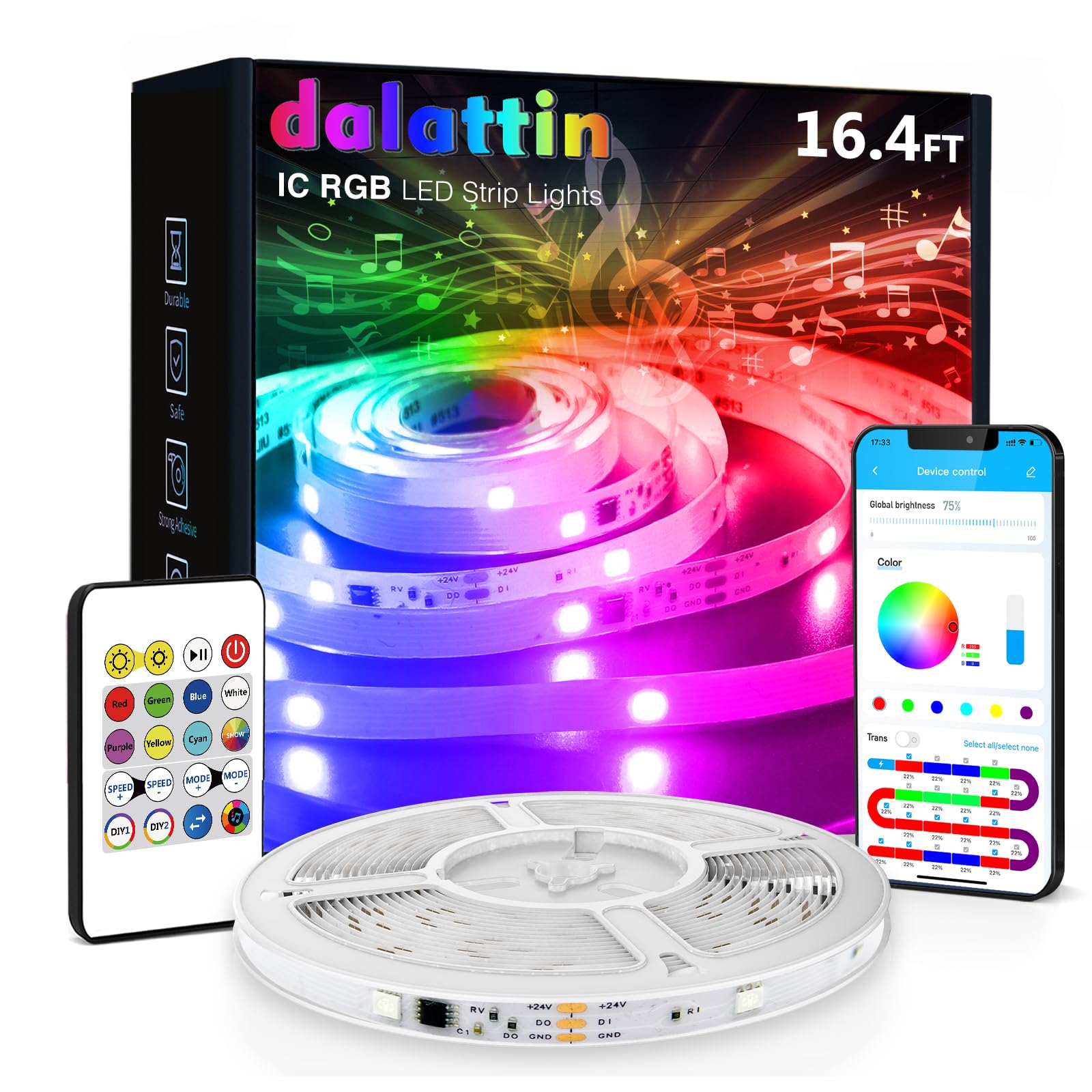 dalattin LED Strip Lights IC+RGB, 5050 Led Lights for Bedroom, DIY Multiple Colors on One Line, Led Lights with Remote&App Contr