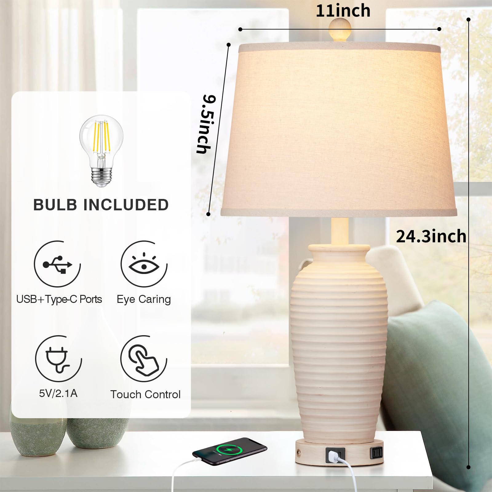 CINSARY 25in Farmhouse Table Lamps Set of 2, 3 Way Touch Control, USB A+C Ports, Gray Resin, LED Bulbs Included