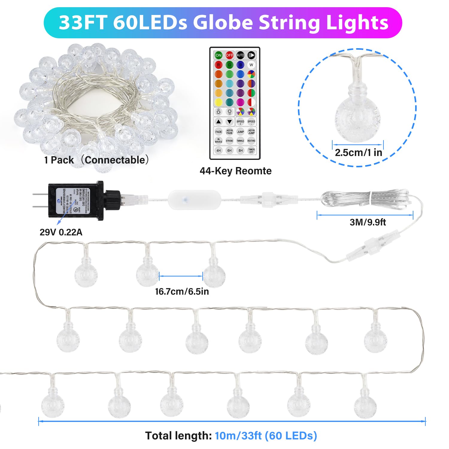 OMIKA Color Changing String Lights, 33ft 60LED, Plug-in, Indoor/Outdoor, 24 RGB Colors, Decorative for Parties and Christmas Décor