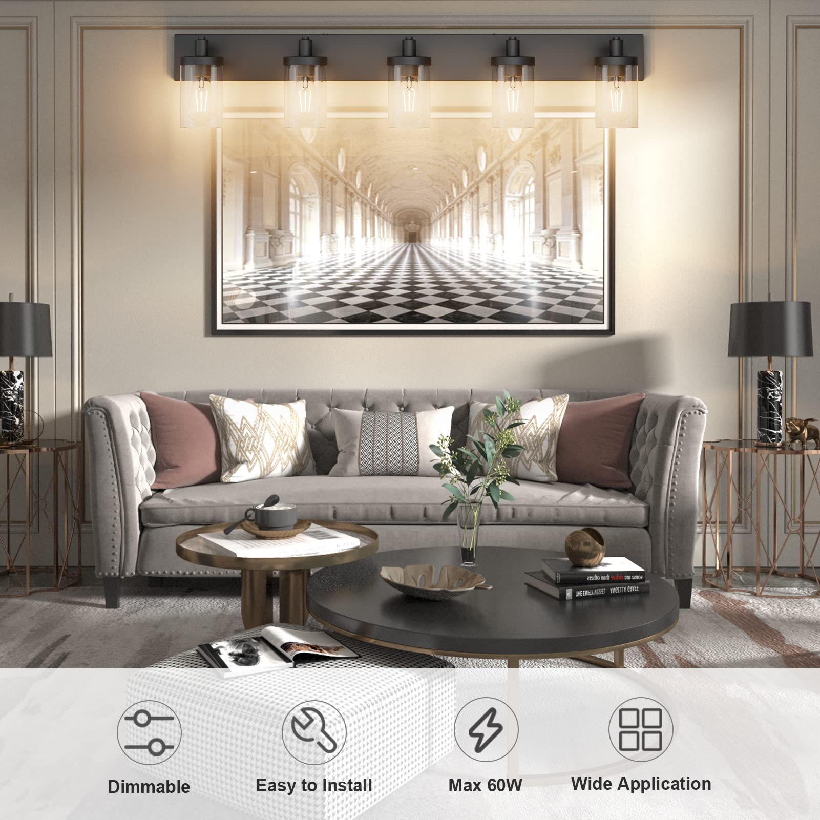 Aipsun Matte Black Bathroom Vanity Light Fixtures 5 Lights Industrial Lighting Fixtures Over Mirror With Clear Glass Shade(Exclu