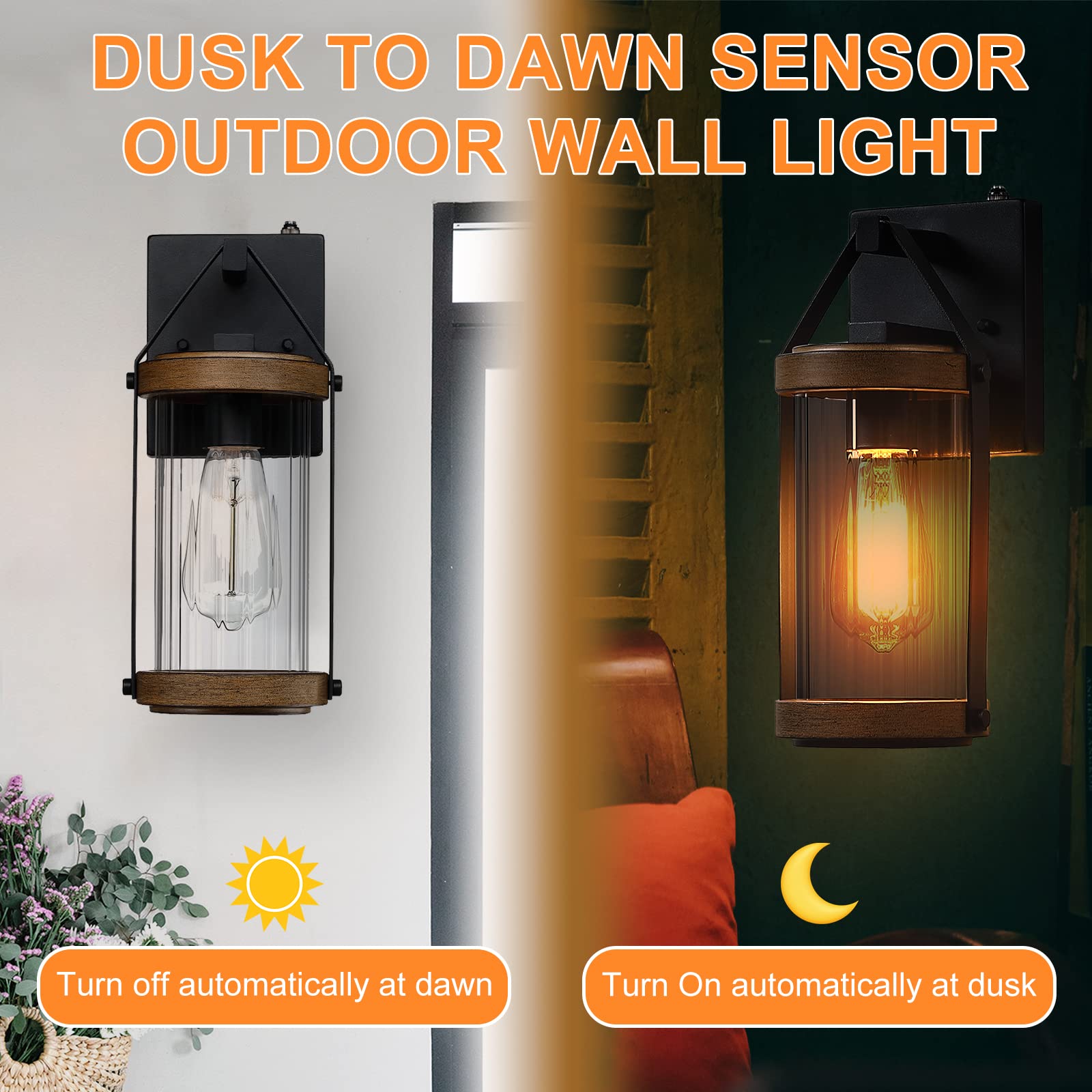 LONEDRUID Outdoor Wall Light Fixtures, 2 Pack, Dusk to Dawn, Waterproof, Black & Wood Texture, Photocell Sensor, Wall Mount Sconce