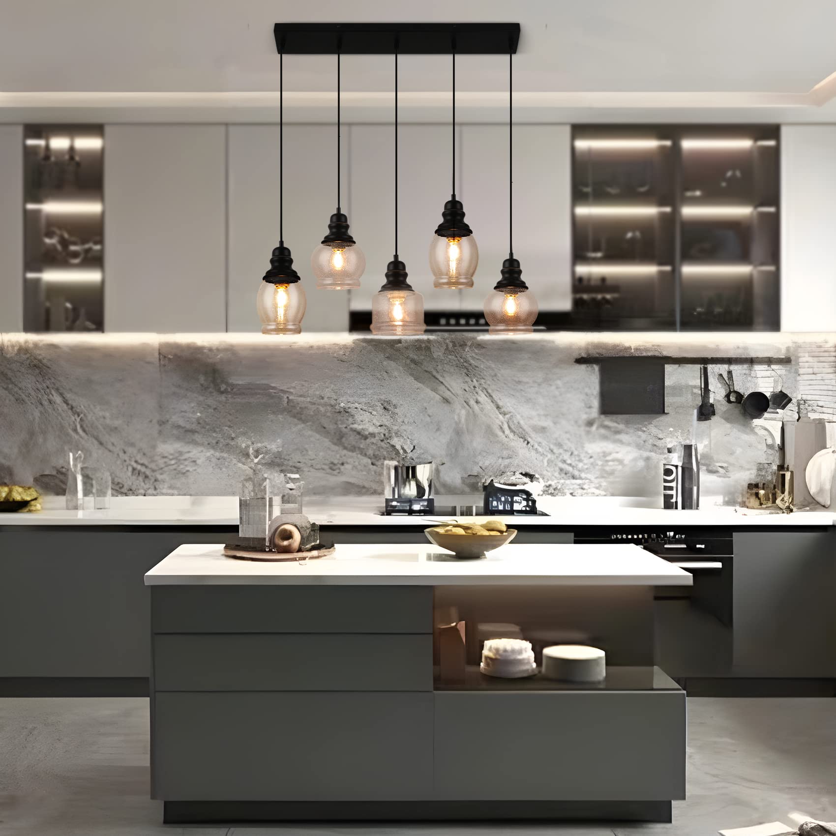 Wilon Pendant Lights Kitchen Island, 5-Light Dining Room Light Fixture With Seeded Glass Shade, Farmhouse Chandeliers For Dining