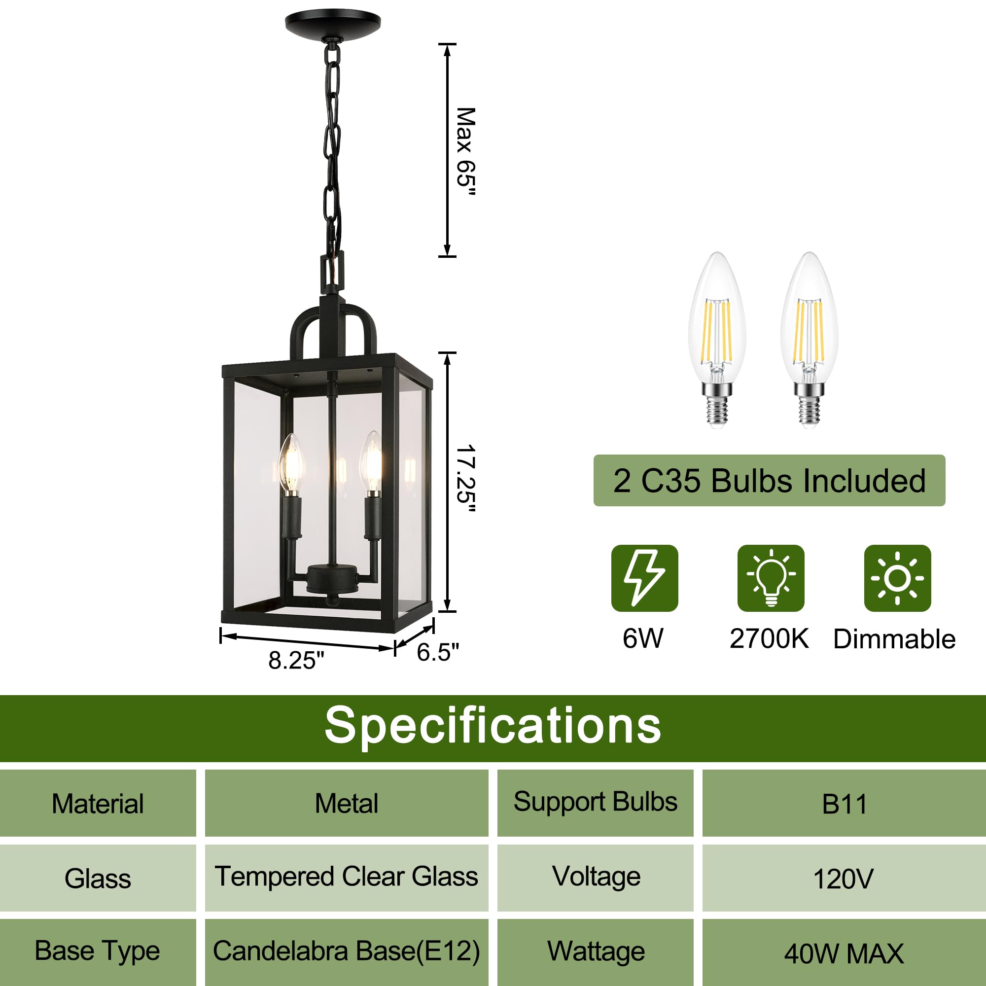 Large Outdoor Indoor Pendant Light 2-Light, Modern Black Metal Outside Chandelier Exterior Hanging Fixture Ceiling Mount With Cl