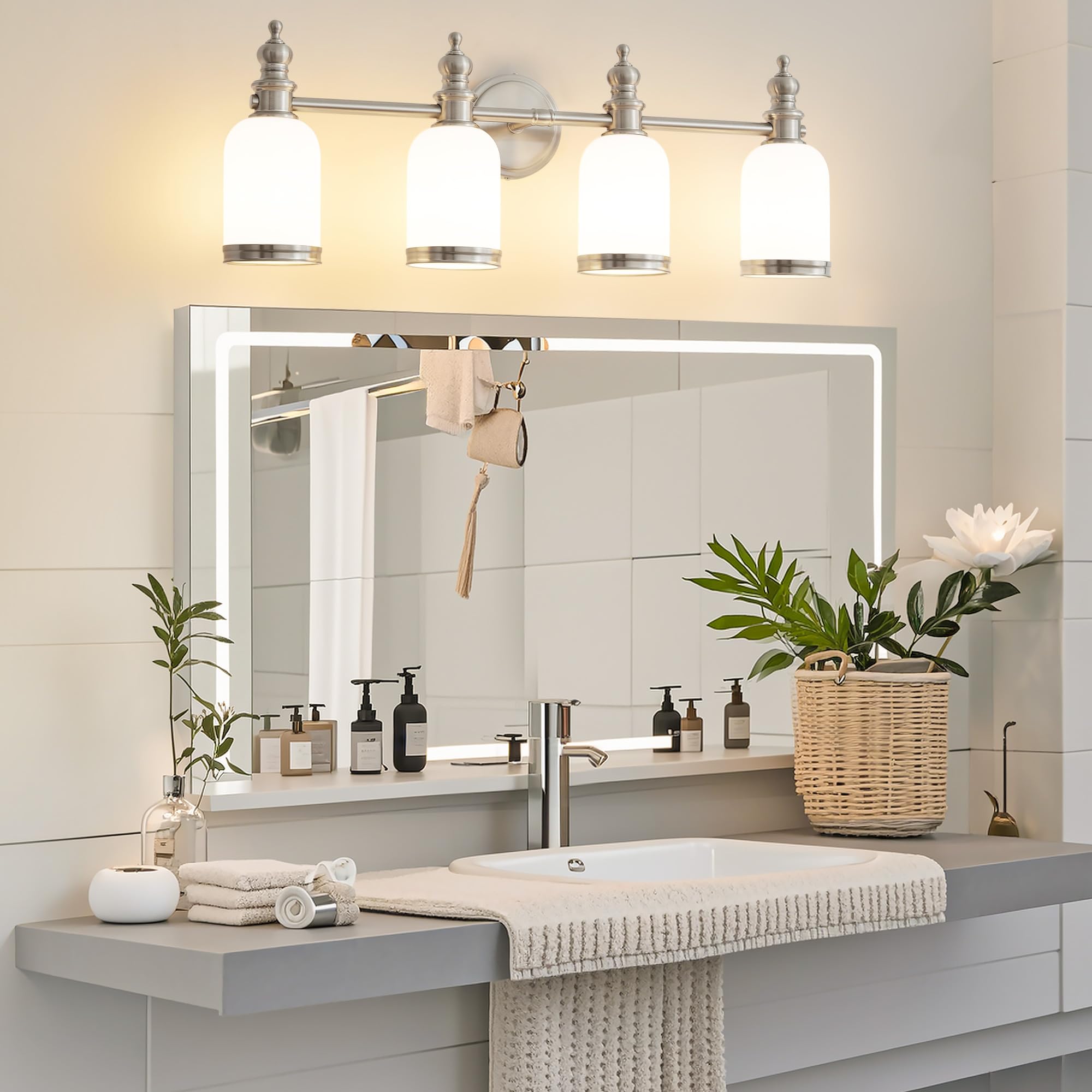 Lanmate Bathroom Light Fixtures, 4 Light Brushed Nickel Bathroom Vanity Light Over Mirror With Milk Glass Shade Modern Wall Scon