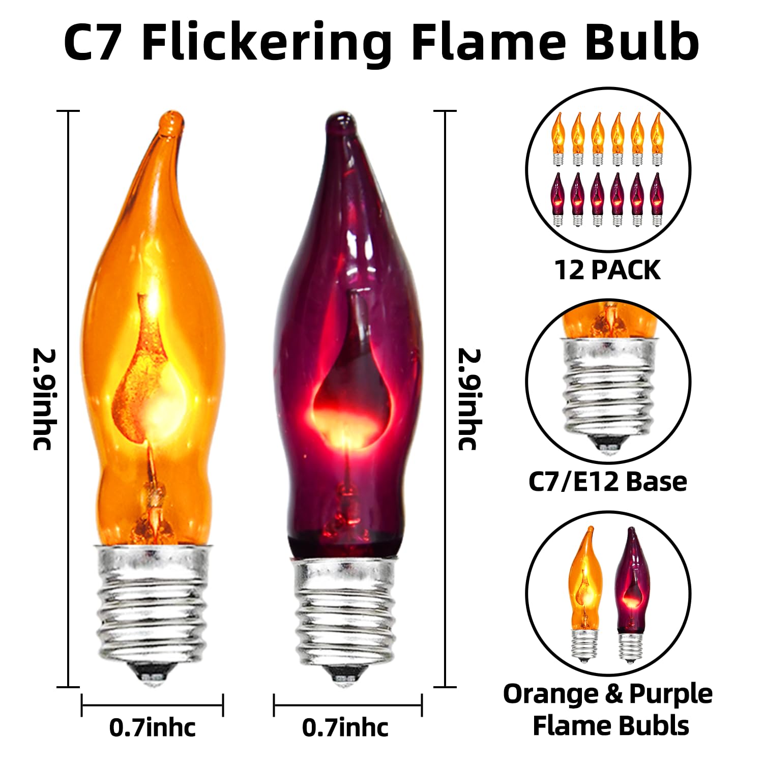 12 Pack Orange And Purple Light Bulbs Halloween Flame Light Bulbs E12 Base, C18 Flickering Flame Light Bulbs For Indoor Outdoor Halloween C7 String Lights Electric Candle Bulbs Replacement - 1W