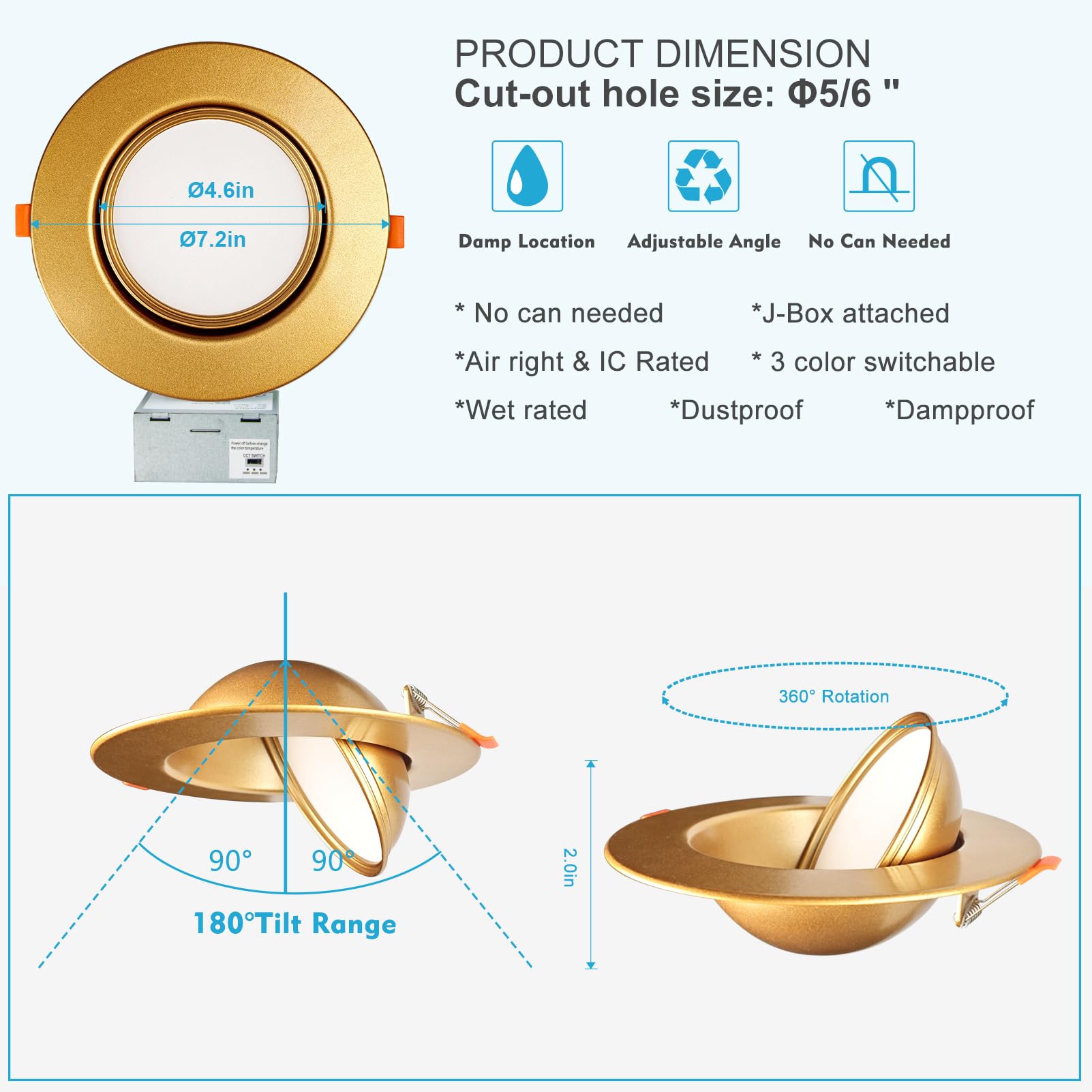 Lightdot 6 Pack 6 Inch Adjustable LED Gimbal Downlight, 1300LM Dimmable, Gold, ETL/FCC Certified, Ideal for Living Room/Kitchen