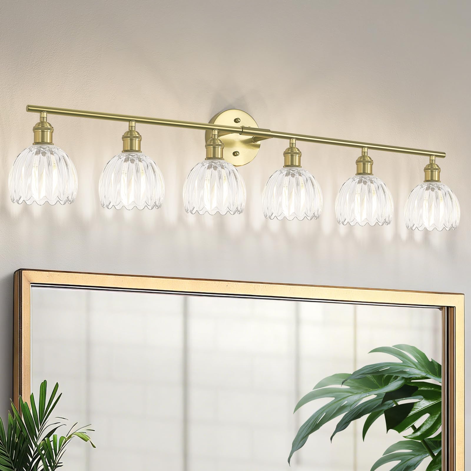 Kvhiiw Vintage Bathroom Light Fixtures,6-Light Hardwired Vanity Lights with Clear Tulip Glass Shade,Gold Bathroom Vanity Light f
