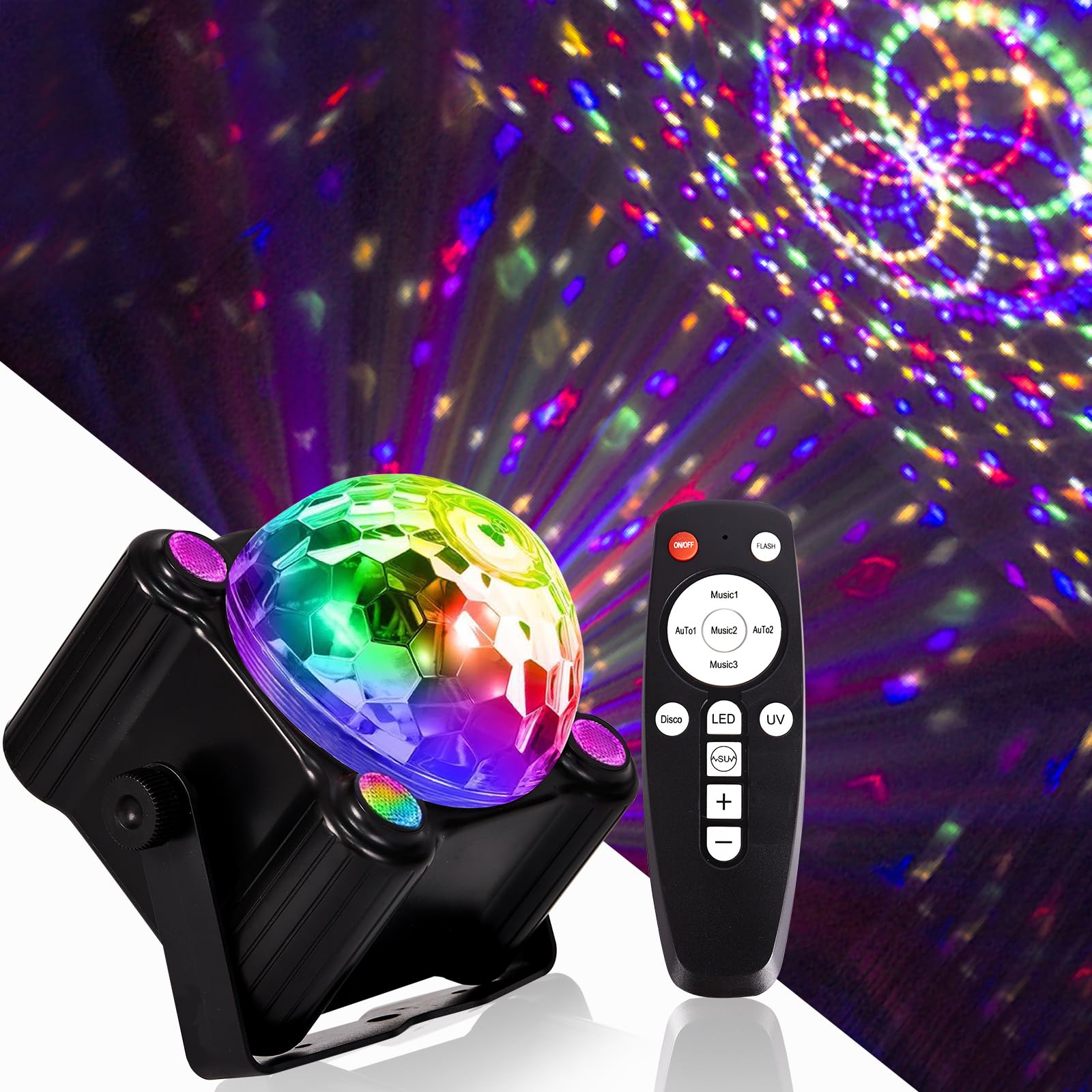 RAHAN Disco Ball Party Lights Sound Activated Strobe DJ Stage Lighting with Remote Control for Indoor Room Outdoor Dance Parties