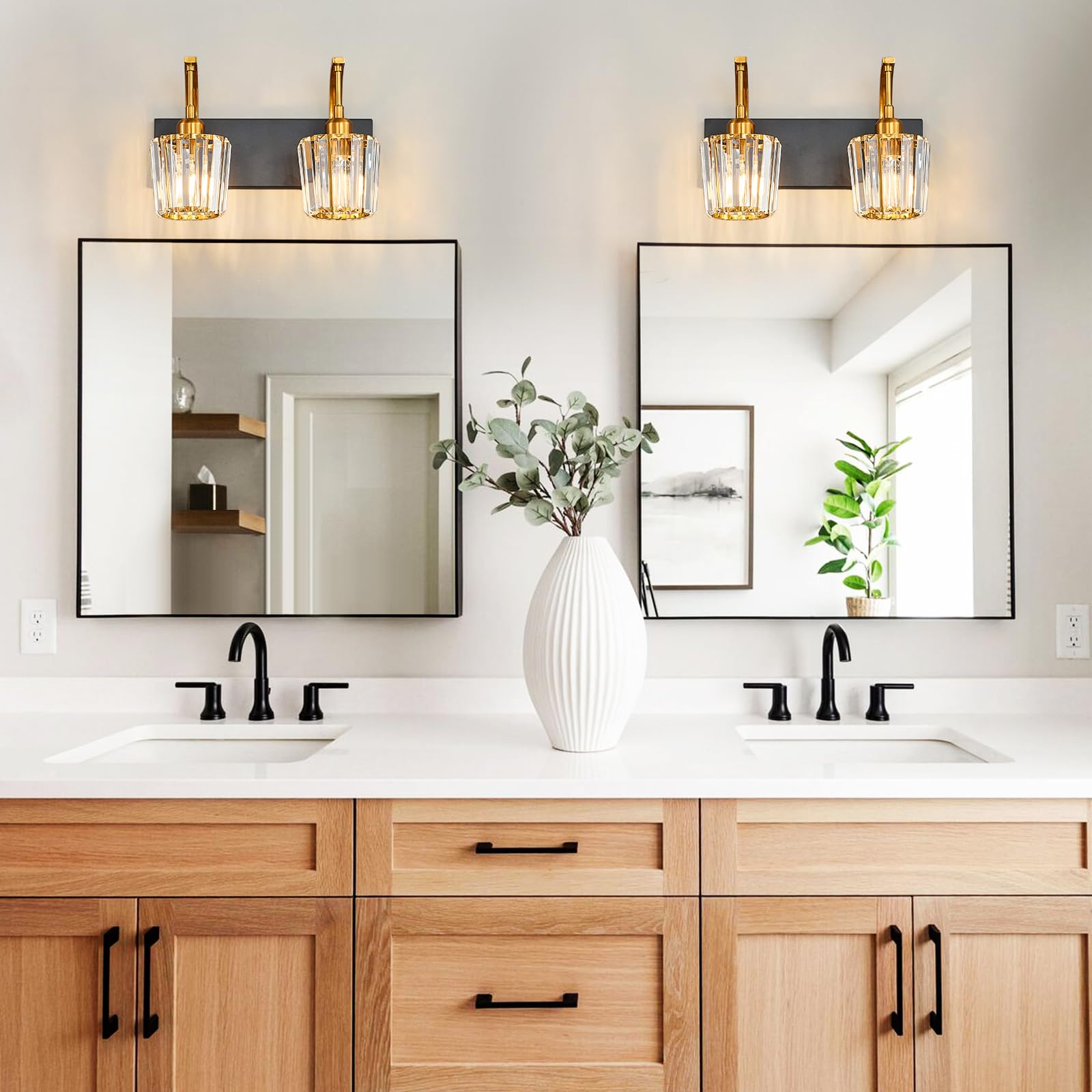 Fdpby Modern Bathroom Vanity Light  2-Light Black Gold Wall Sconce With Crystal Accents  Over Mirror Bathroom Lighting Fixture  13.77 Long Dimmable Vanity Lamp For Makeup  Easy Installation