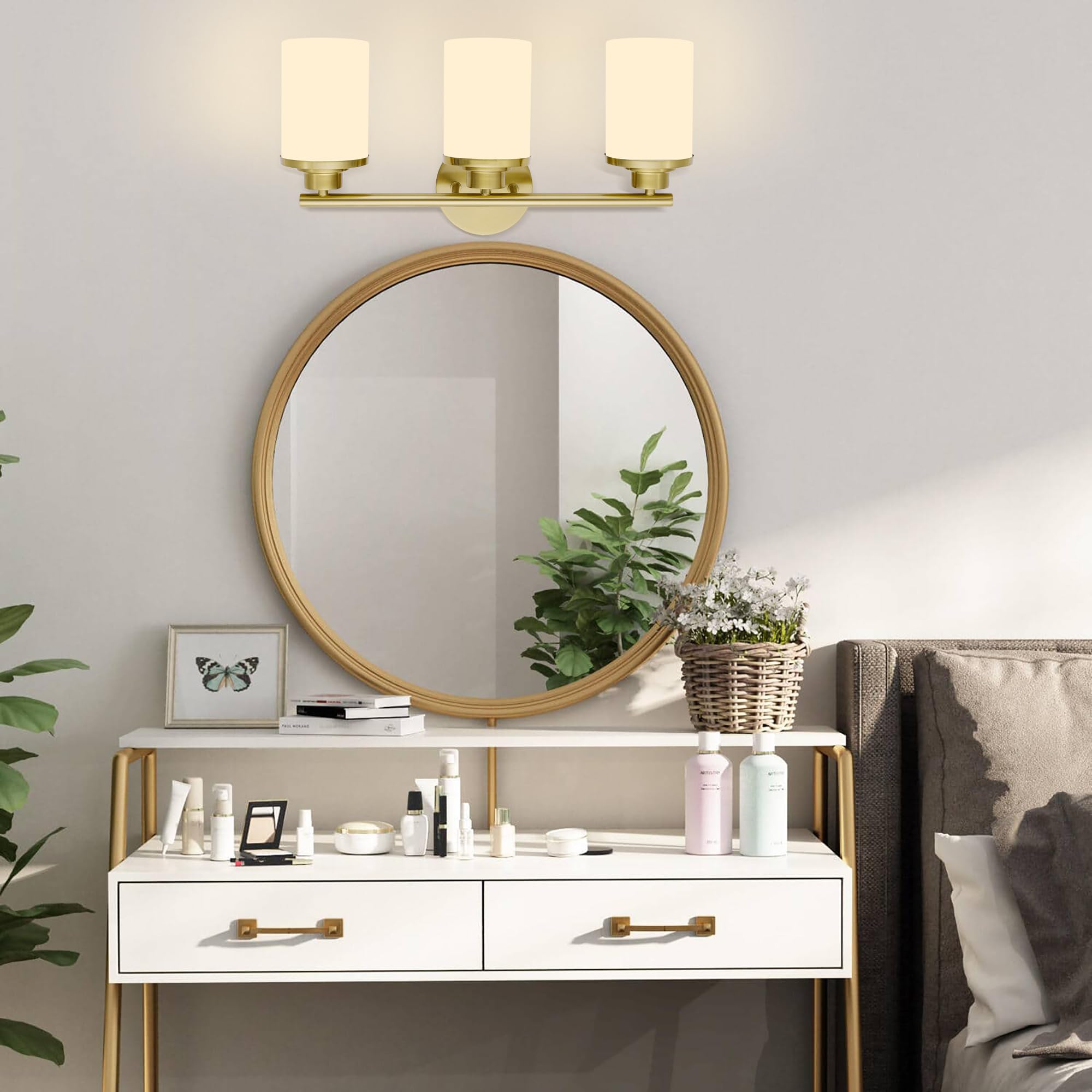 Halialumi Brushed Gold Bathroom Light Fixtures,3-Light Gold Vanity Lights,Brass Bathroom Lights Over Mirror,Mid-Century Modern Wall Sconces With Frosted Glass Shades For Bathroom,Living Room