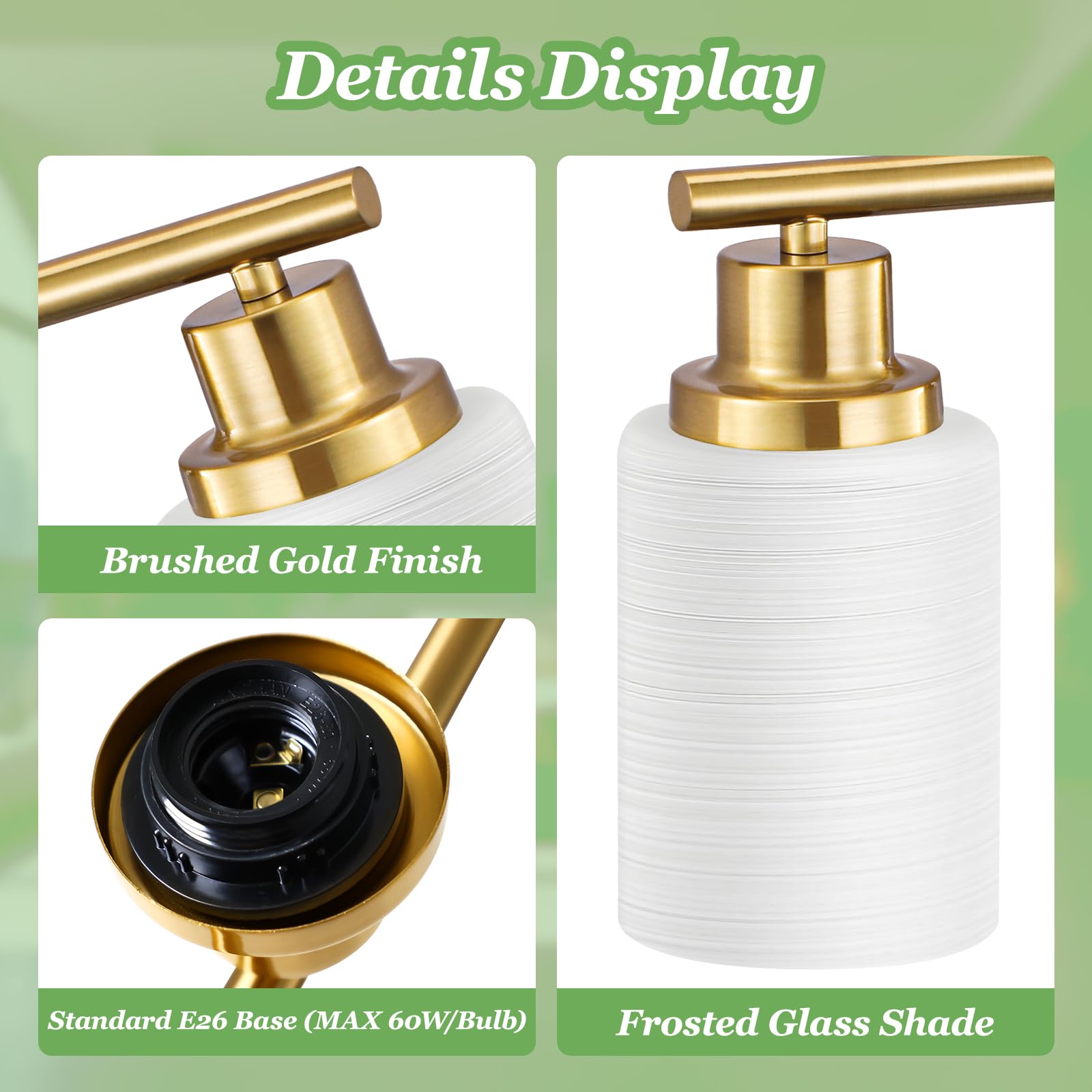 Guliaofo 3-Light Vanity Light Fixture, Brushed Gold with Milky White Frosted Glass Shade, Model Gu-111-LWNBJ-3